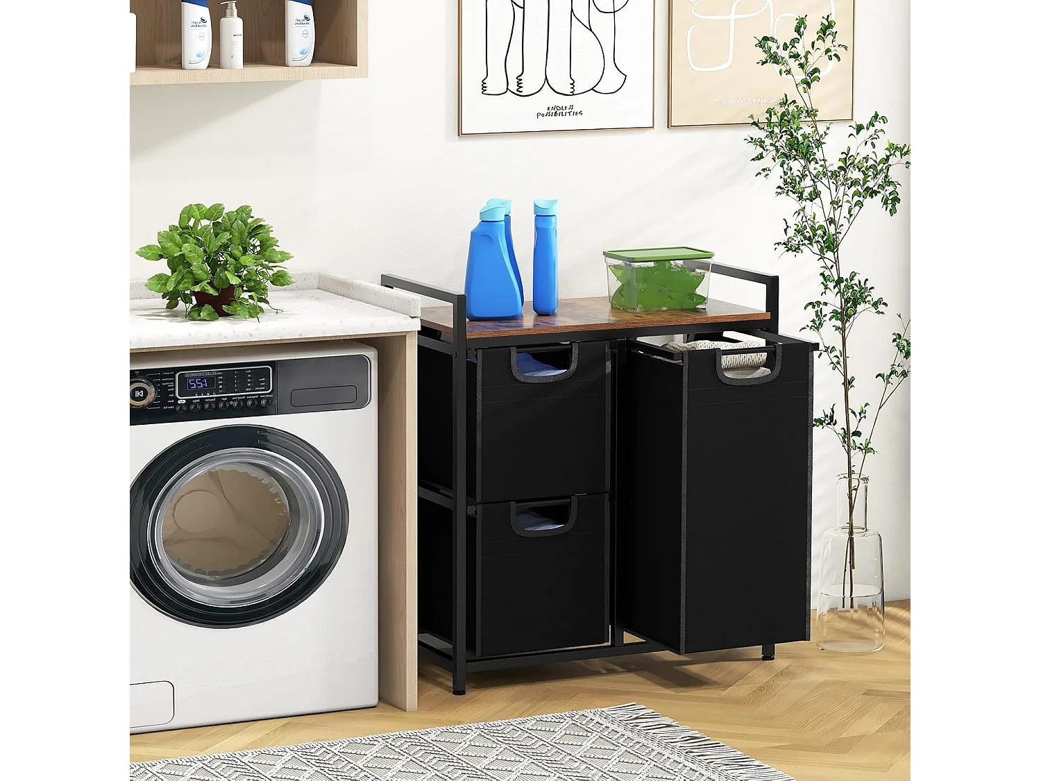 Wasmand, 3 vakken, wasverzamelaar met plank, 75 l, wassorteerder met 3 afneembare vakken en metalen frame, uittrekbaar voor bijkeuken, badkamer(3 vakken)VL32390