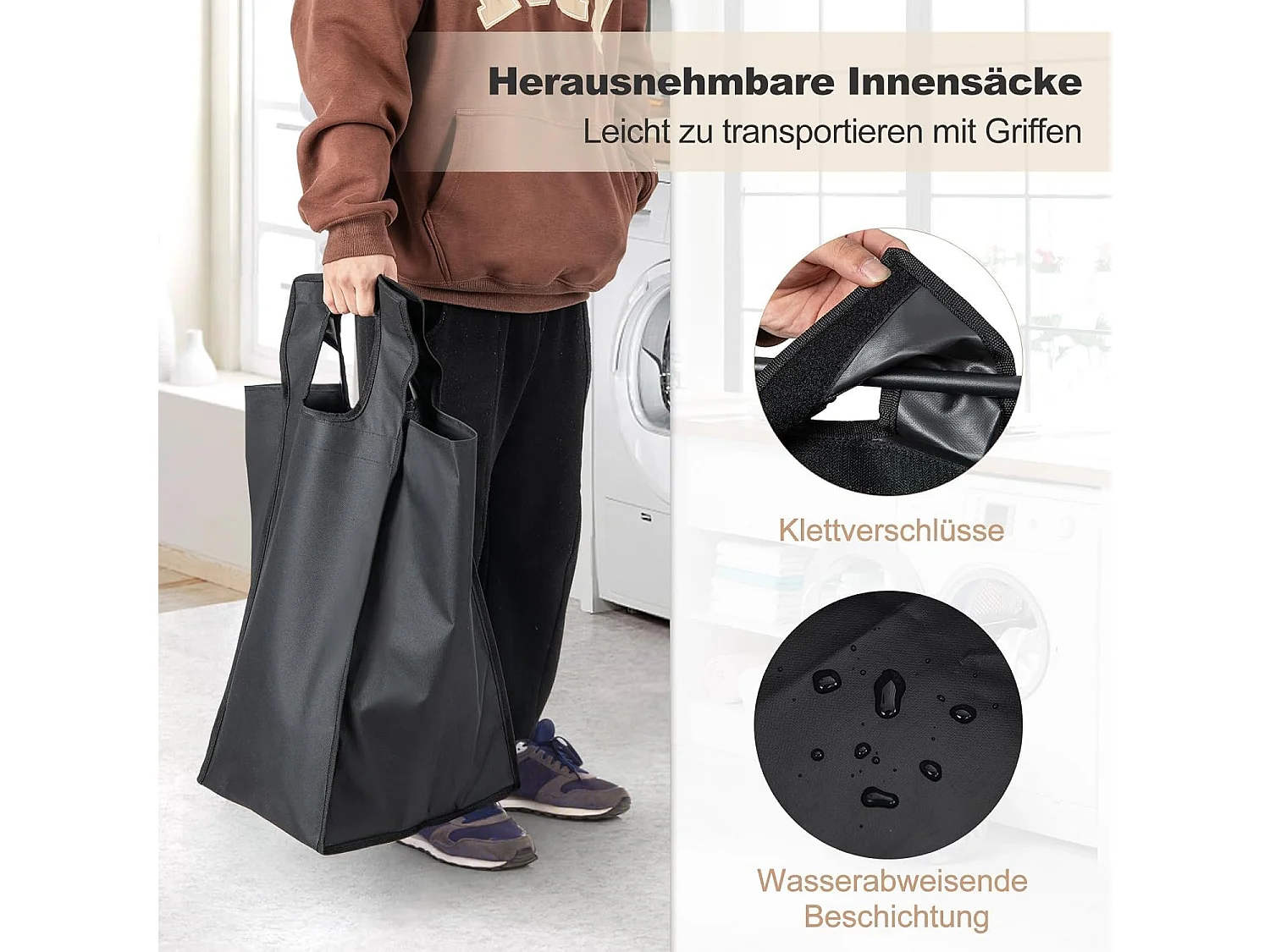 Wasmand, 3 vakken, wasverzamelaar met plank, 75 l, wassorteerder met 3 afneembare vakken en metalen frame, uittrekbaar voor bijkeuken, badkamer(3 vakken)VL32390