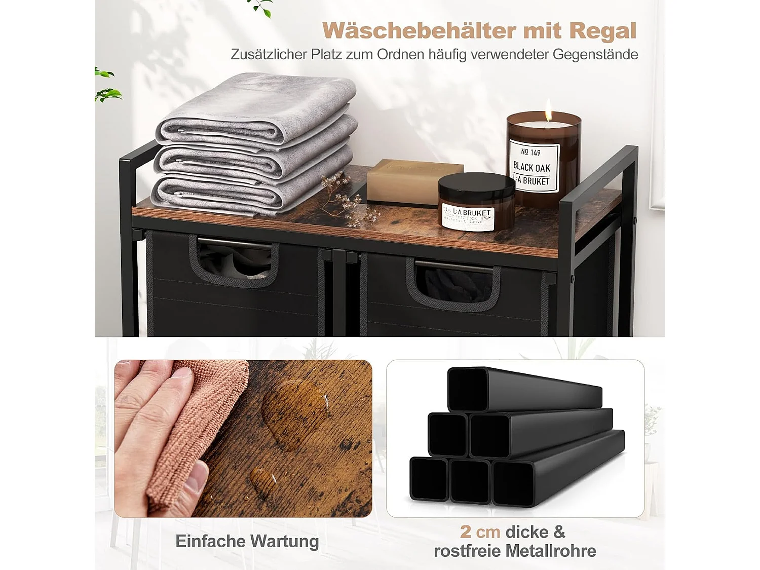 Wasmand, 3 vakken, wasverzamelaar met plank, 75 l, wassorteerder met 3 afneembare vakken en metalen frame, uittrekbaar voor bijkeuken, badkamer(3 vakken)VL32390