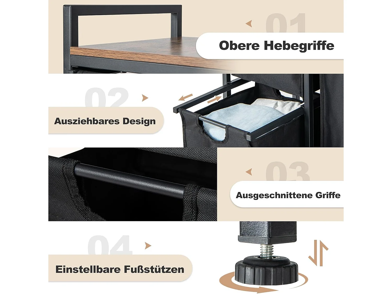 Wasmand, 3 vakken, wasverzamelaar met plank, 75 l, wassorteerder met 3 afneembare vakken en metalen frame, uittrekbaar voor bijkeuken, badkamer(3 vakken)VL32390