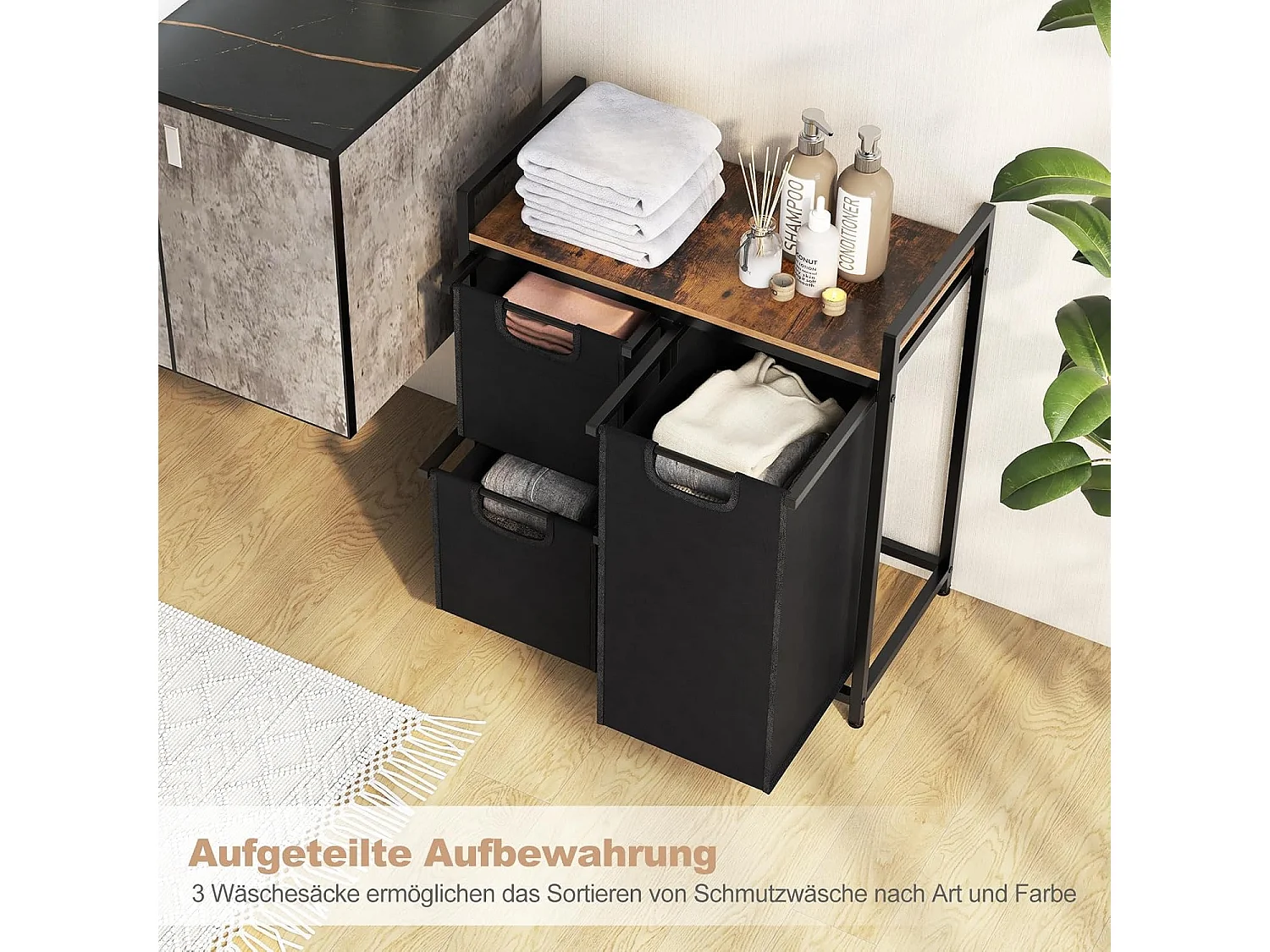 Wasmand, 3 vakken, wasverzamelaar met plank, 75 l, wassorteerder met 3 afneembare vakken en metalen frame, uittrekbaar voor bijkeuken, badkamer(3 vakken)VL32390