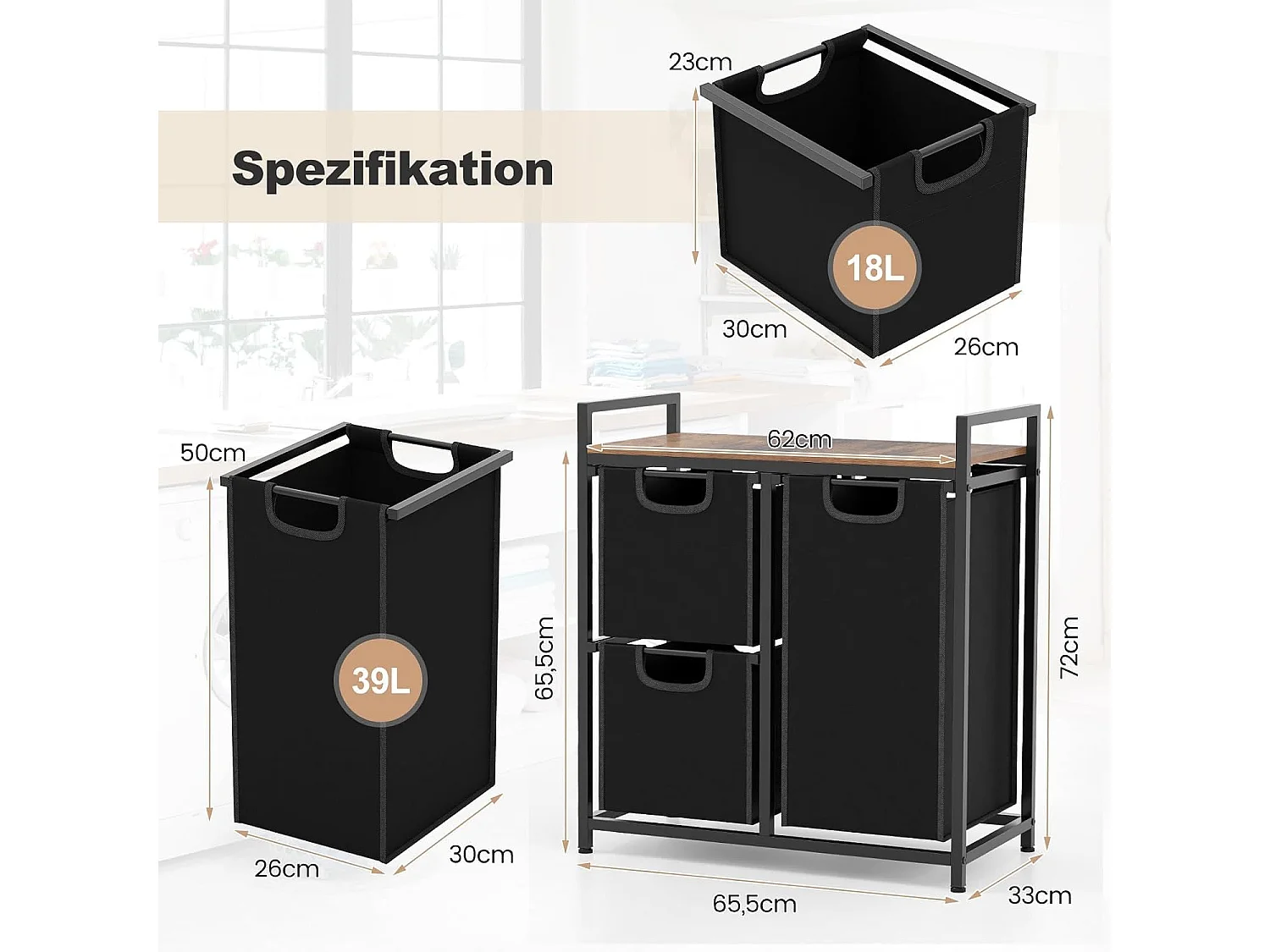 Wasmand, 3 vakken, wasverzamelaar met plank, 75 l, wassorteerder met 3 afneembare vakken en metalen frame, uittrekbaar voor bijkeuken, badkamer(3 vakken)VL32390