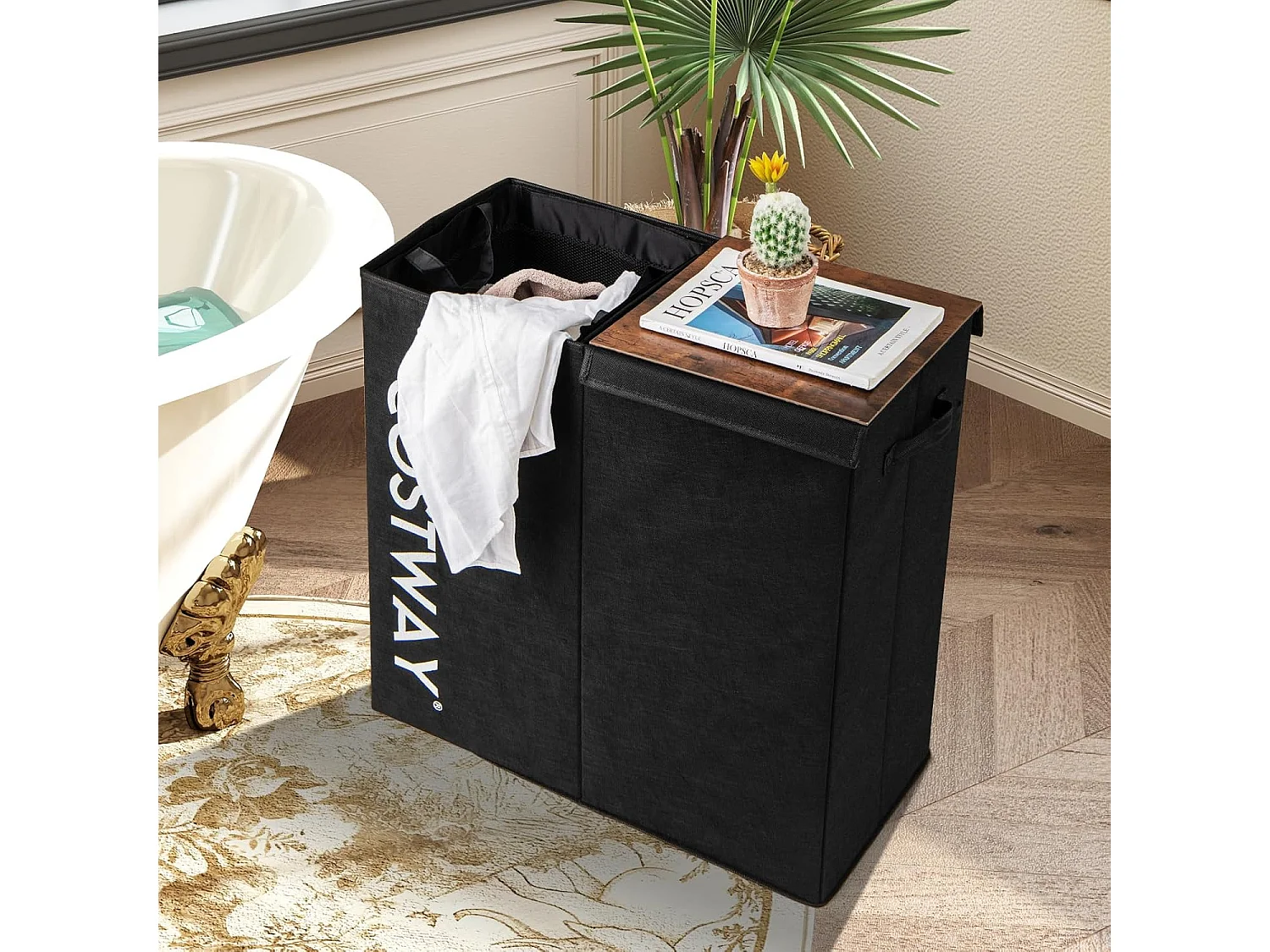 Wasmand met deksel, 105 l, wasverzamelaar, 2 vakken, wasbox met handgrepen, wasmand met 2 uitneembare waszakken, voor badkamer, 62 x 31 x 60 cm, zwartVH34364