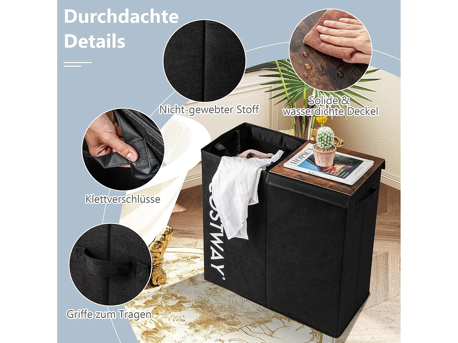 Wasmand met deksel, 105 l, wasverzamelaar, 2 vakken, wasbox met handgrepen, wasmand met 2 uitneembare waszakken, voor badkamer, 62 x 31 x 60 cm, zwartVH34364