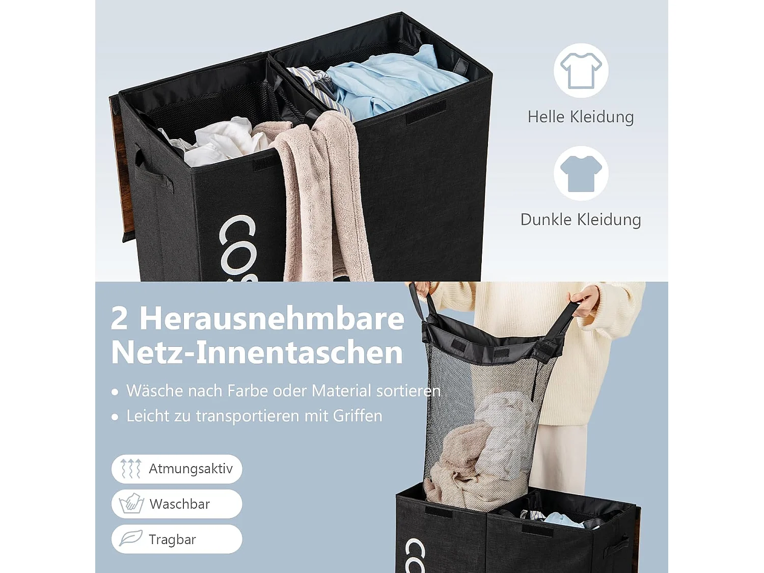 Wasmand met deksel, 105 l, wasverzamelaar, 2 vakken, wasbox met handgrepen, wasmand met 2 uitneembare waszakken, voor badkamer, 62 x 31 x 60 cm, zwartVH34364