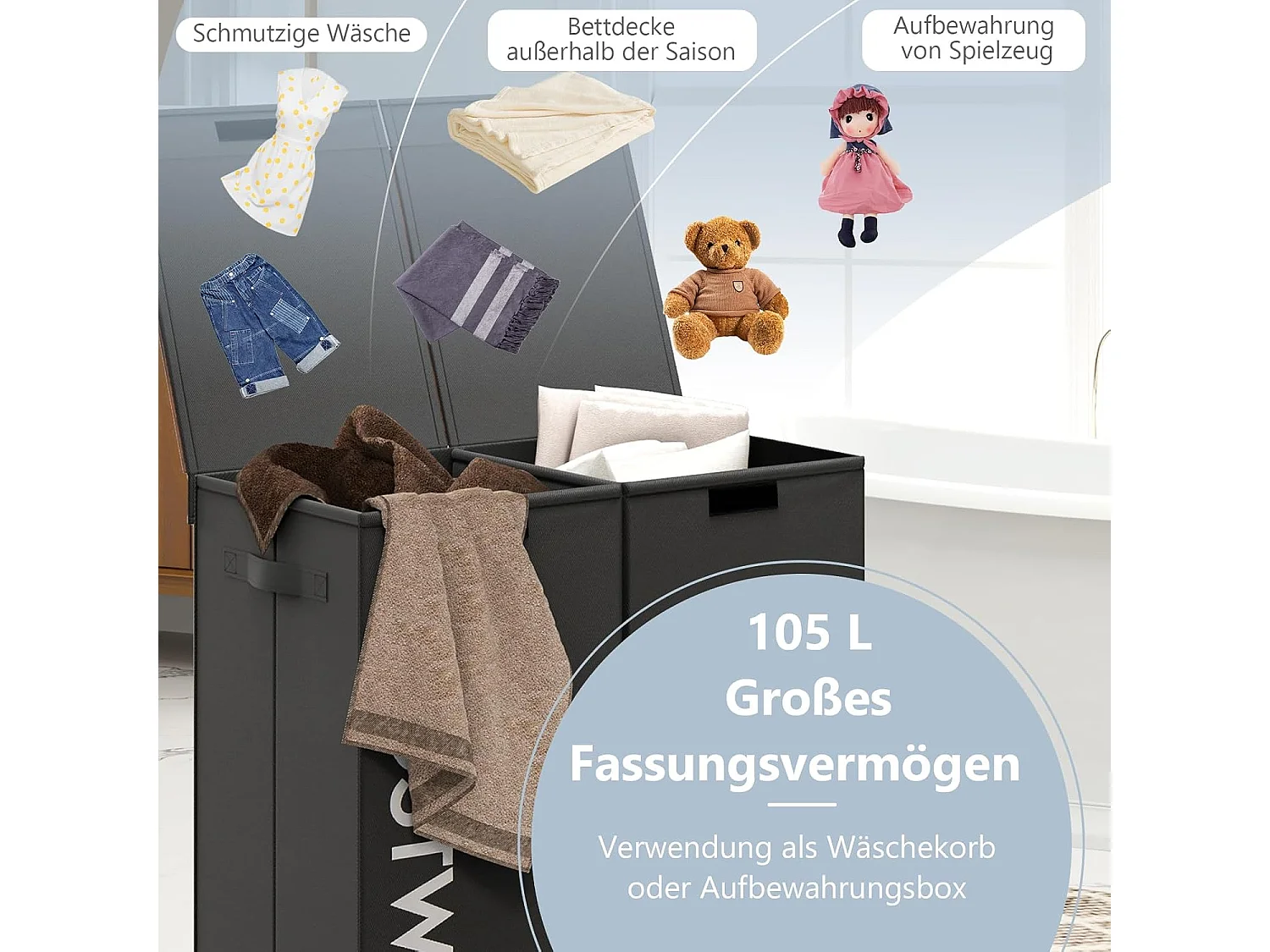 Wasmand met deksel, 105 l, wasverzamelaar, 2 vakken, wasbox met handgrepen, wasmand met 2 uitneembare waszakken, voor badkamer, 62 x 31 x 60 cm, zwartVH34364