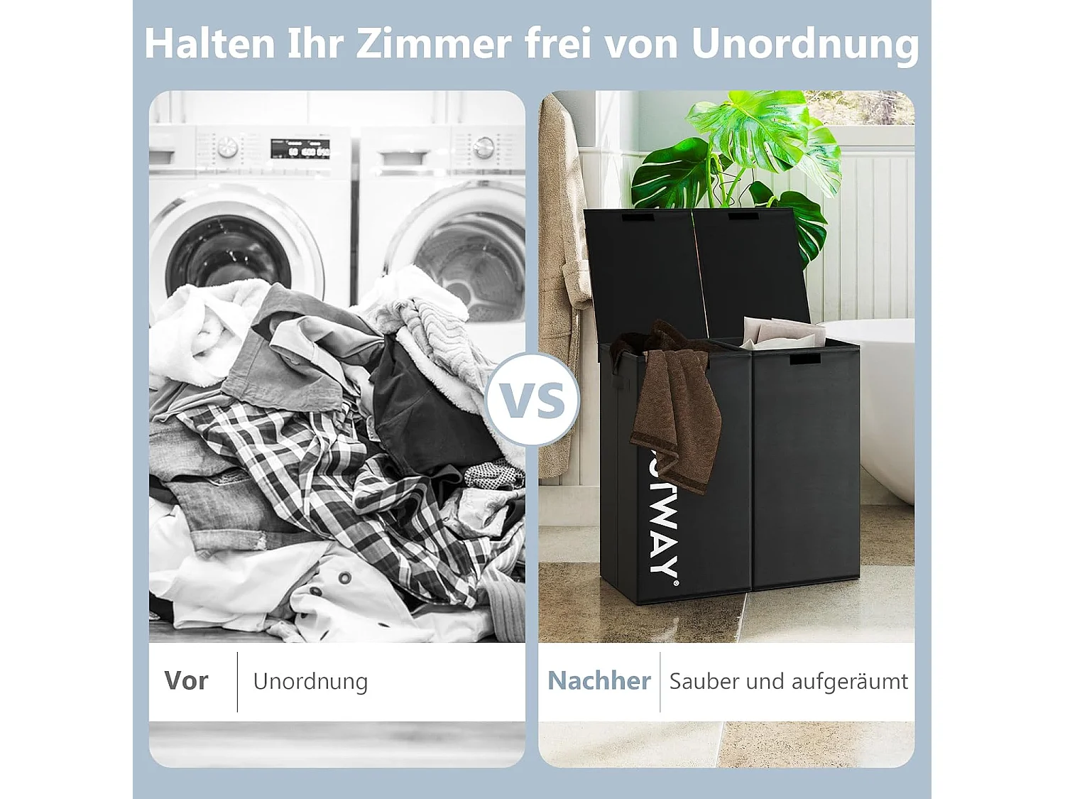 Wasmand met deksel, 105 l, wasverzamelaar, 2 vakken, wasbox met handgrepen, wasmand met 2 uitneembare waszakken, voor badkamer, 62 x 31 x 60 cm, zwartVH34364
