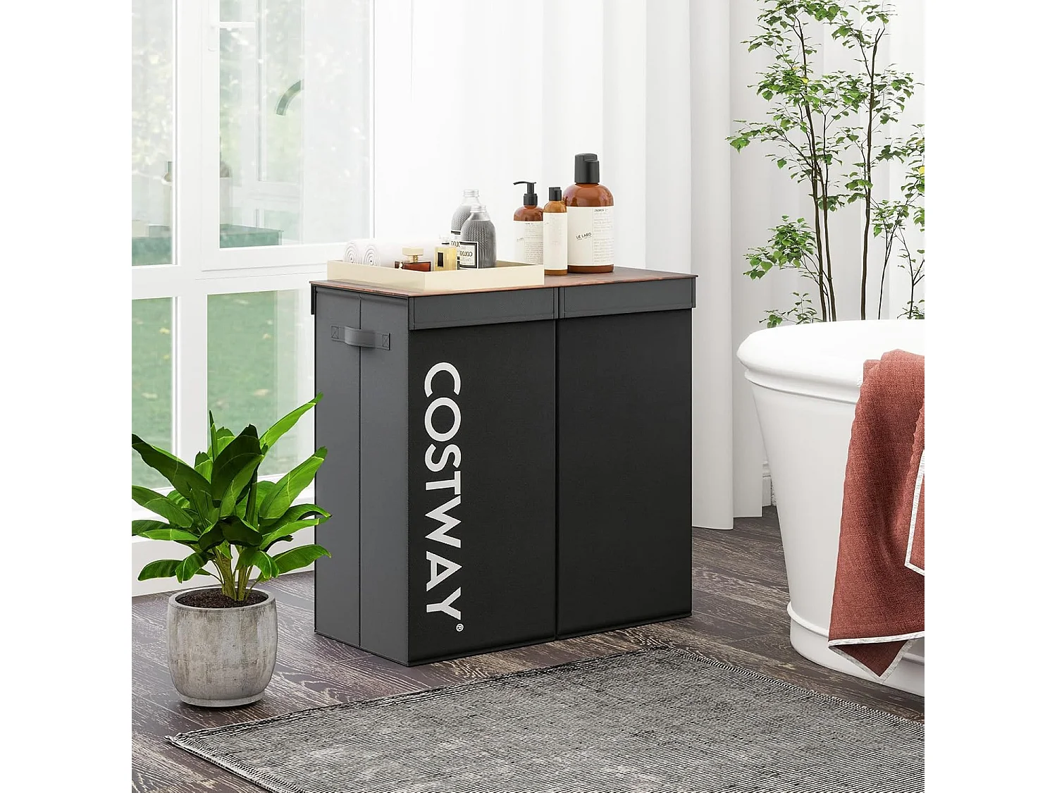 Wasmand met deksel, 105 l, wasverzamelaar, 2 vakken, wasbox met handgrepen, wasmand met 2 uitneembare waszakken, voor badkamer, 62 x 31 x 60 cm, zwartVH34364