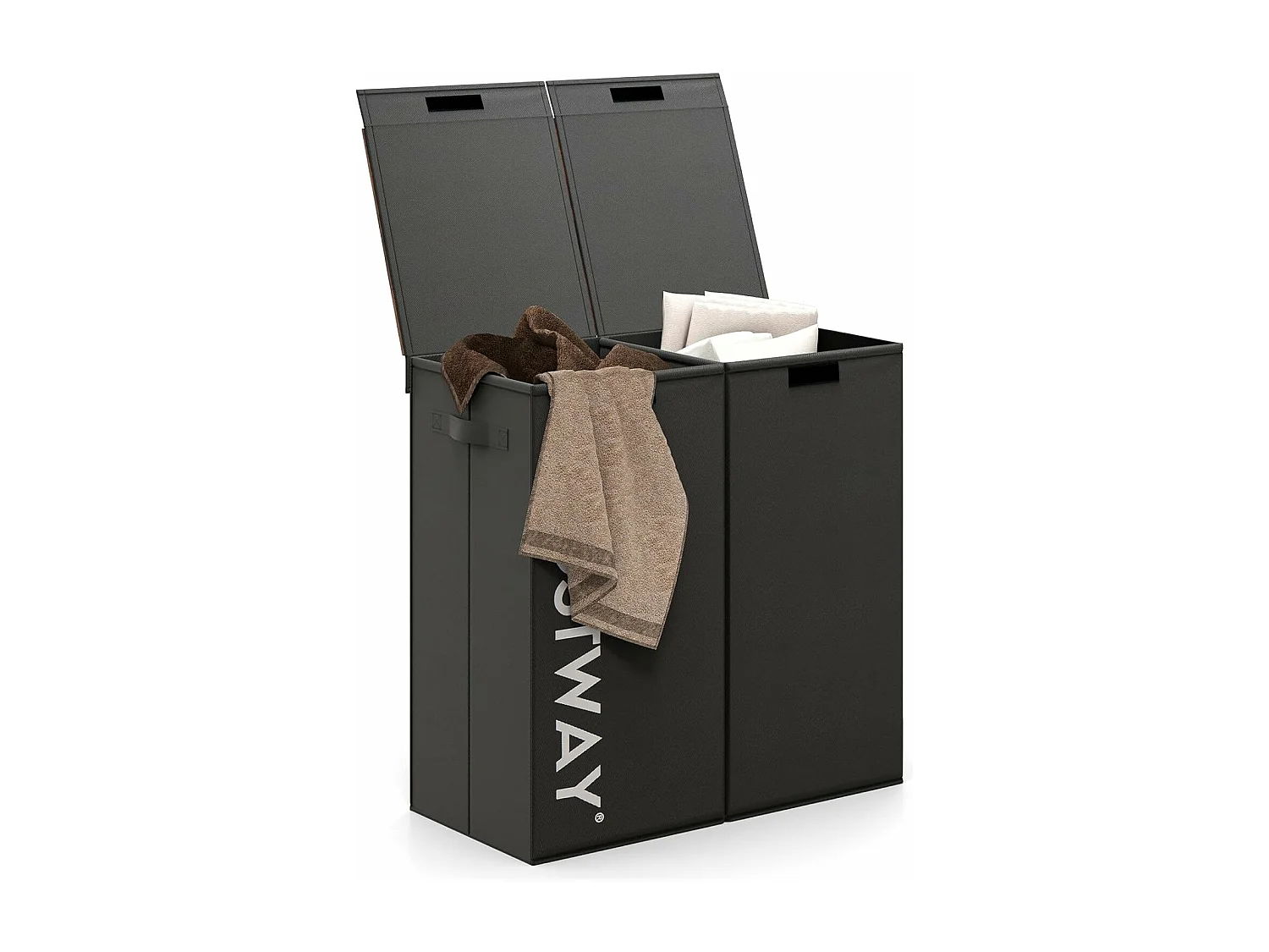 Wasmand met deksel, 105 l, wasverzamelaar, 2 vakken, wasbox met handgrepen, wasmand met 2 uitneembare waszakken, voor badkamer, 62 x 31 x 60 cm, zwartVH34364