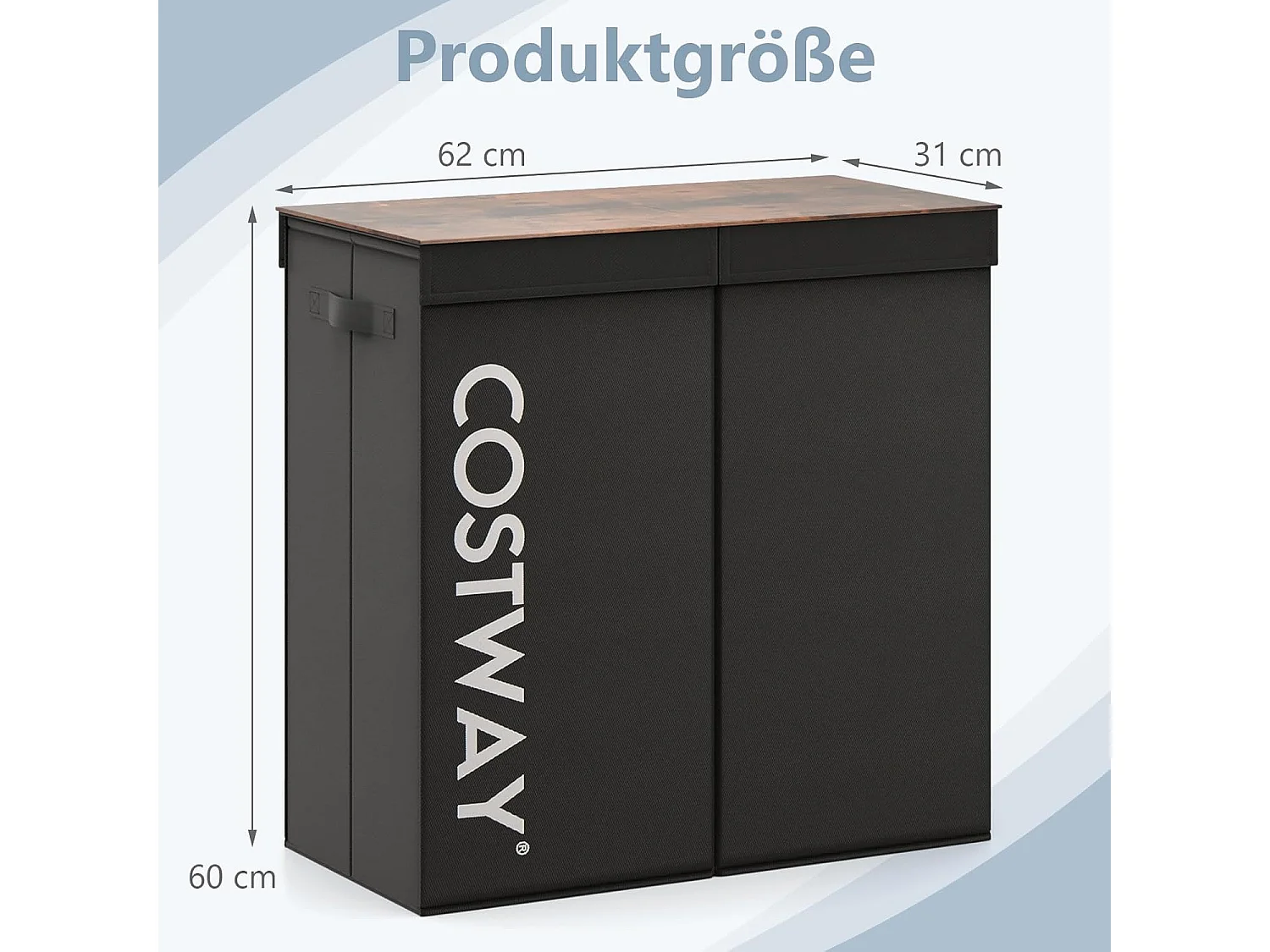 Wasmand met deksel, 105 l, wasverzamelaar, 2 vakken, wasbox met handgrepen, wasmand met 2 uitneembare waszakken, voor badkamer, 62 x 31 x 60 cm, zwartVH34364