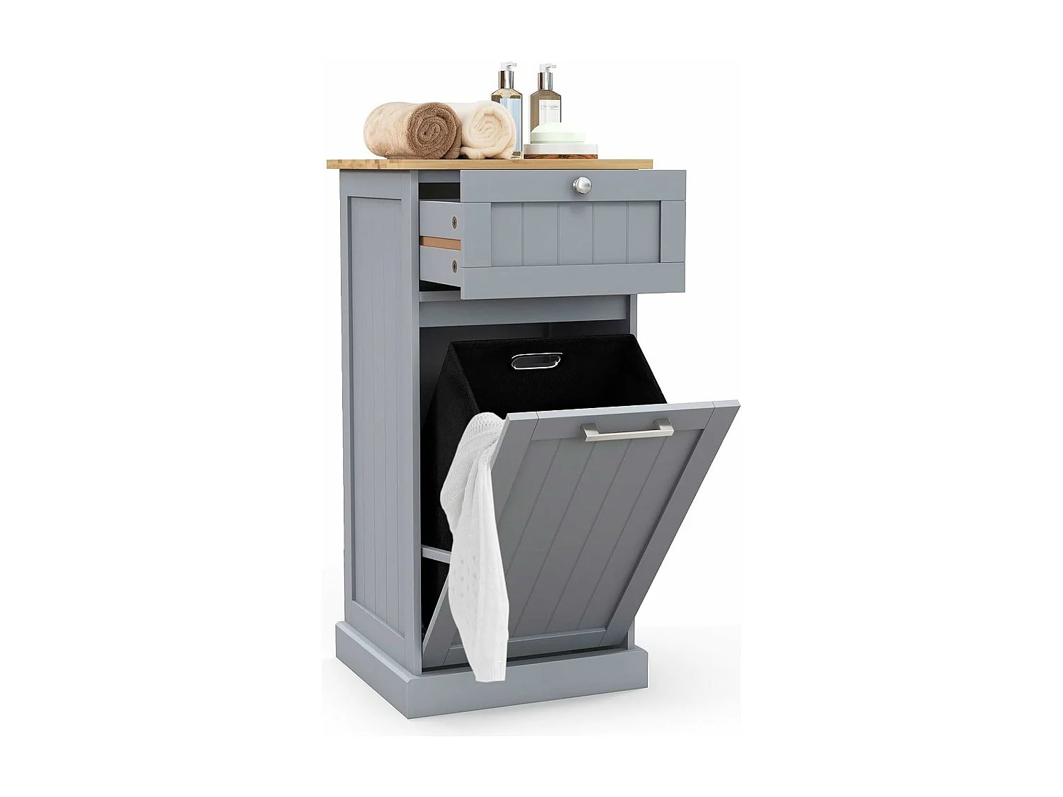 Waskast met wasmand, wasverzamelaar met lade, tafelblad van bamboe, badkamerkast, badkamerkast voor badkamer, bijkeuken, 40 x 37 x 82 cm (grijs)TH32647
