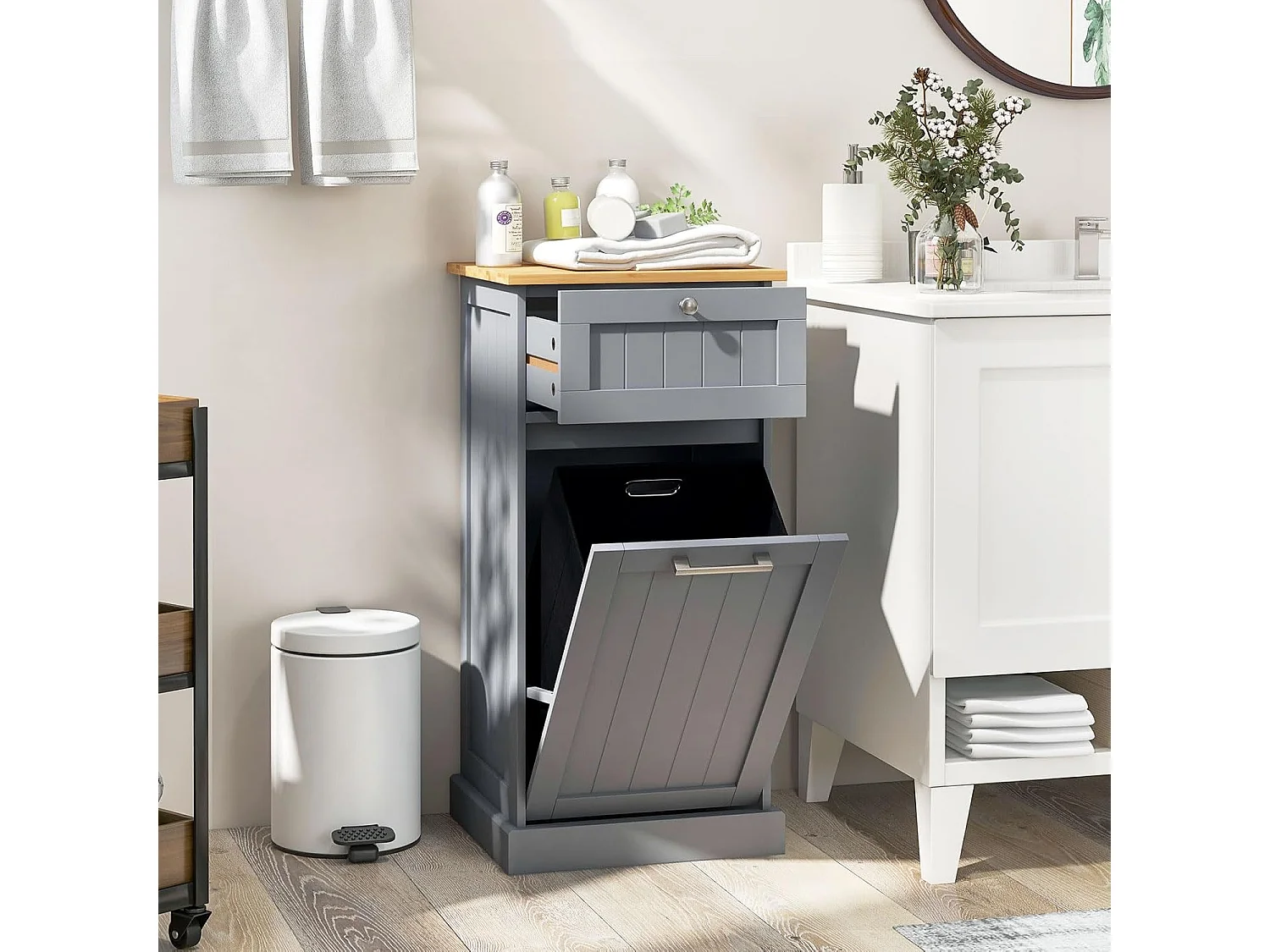 Waskast met wasmand, wasverzamelaar met lade, tafelblad van bamboe, badkamerkast, badkamerkast voor badkamer, bijkeuken, 40 x 37 x 82 cm (grijs)TH32647