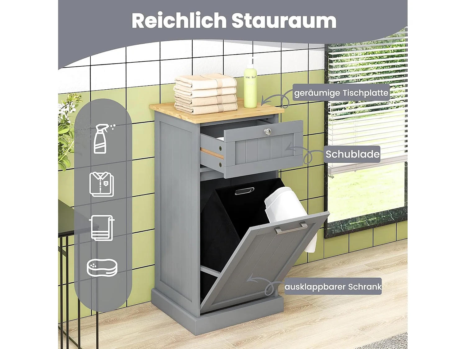 Waskast met wasmand, wasverzamelaar met lade, tafelblad van bamboe, badkamerkast, badkamerkast voor badkamer, bijkeuken, 40 x 37 x 82 cm (grijs)TH32647