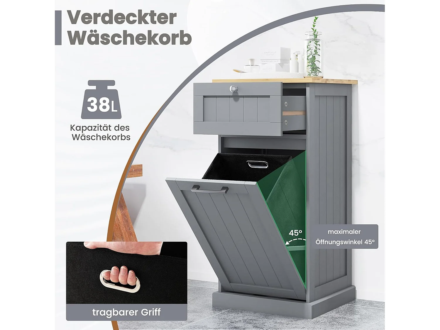 Waskast met wasmand, wasverzamelaar met lade, tafelblad van bamboe, badkamerkast, badkamerkast voor badkamer, bijkeuken, 40 x 37 x 82 cm (grijs)TH32647