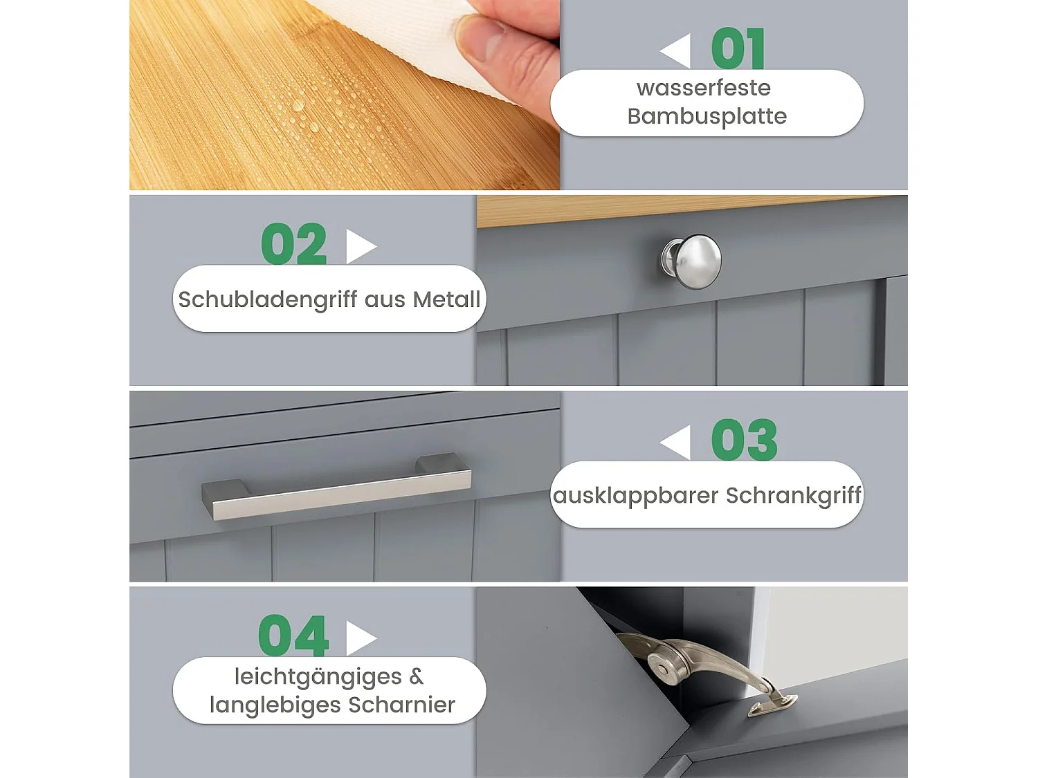 Waskast met wasmand, wasverzamelaar met lade, tafelblad van bamboe, badkamerkast, badkamerkast voor badkamer, bijkeuken, 40 x 37 x 82 cm (grijs)TH32647