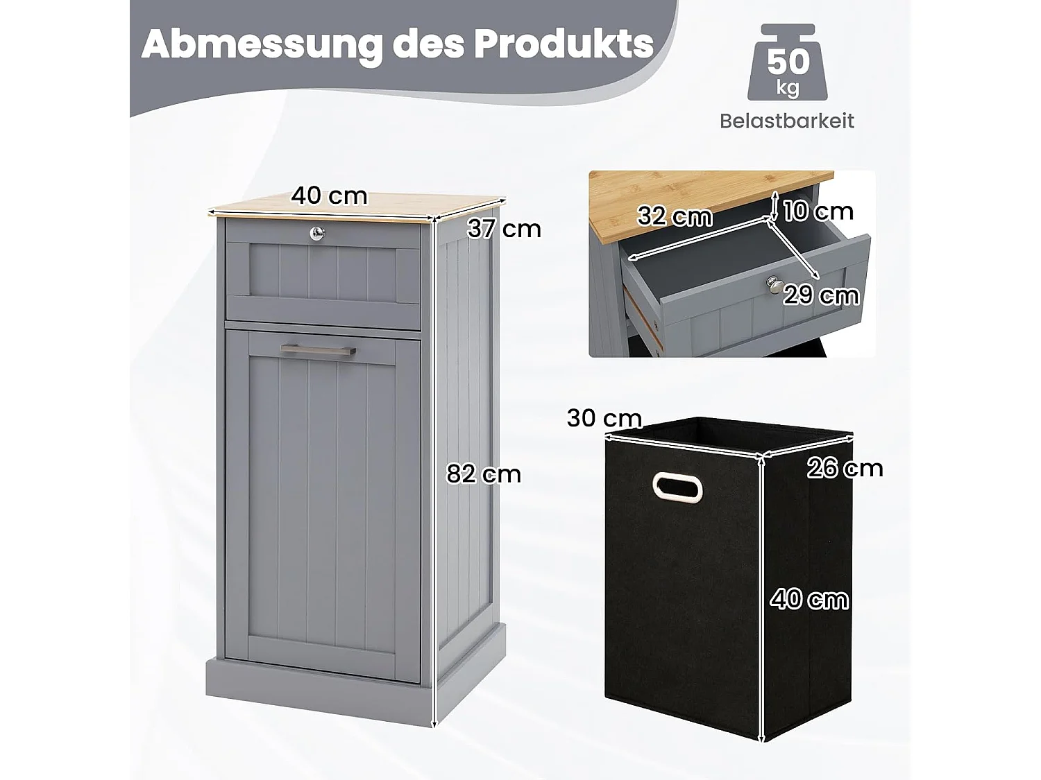 Waskast met wasmand, wasverzamelaar met lade, tafelblad van bamboe, badkamerkast, badkamerkast voor badkamer, bijkeuken, 40 x 37 x 82 cm (grijs)TH32647