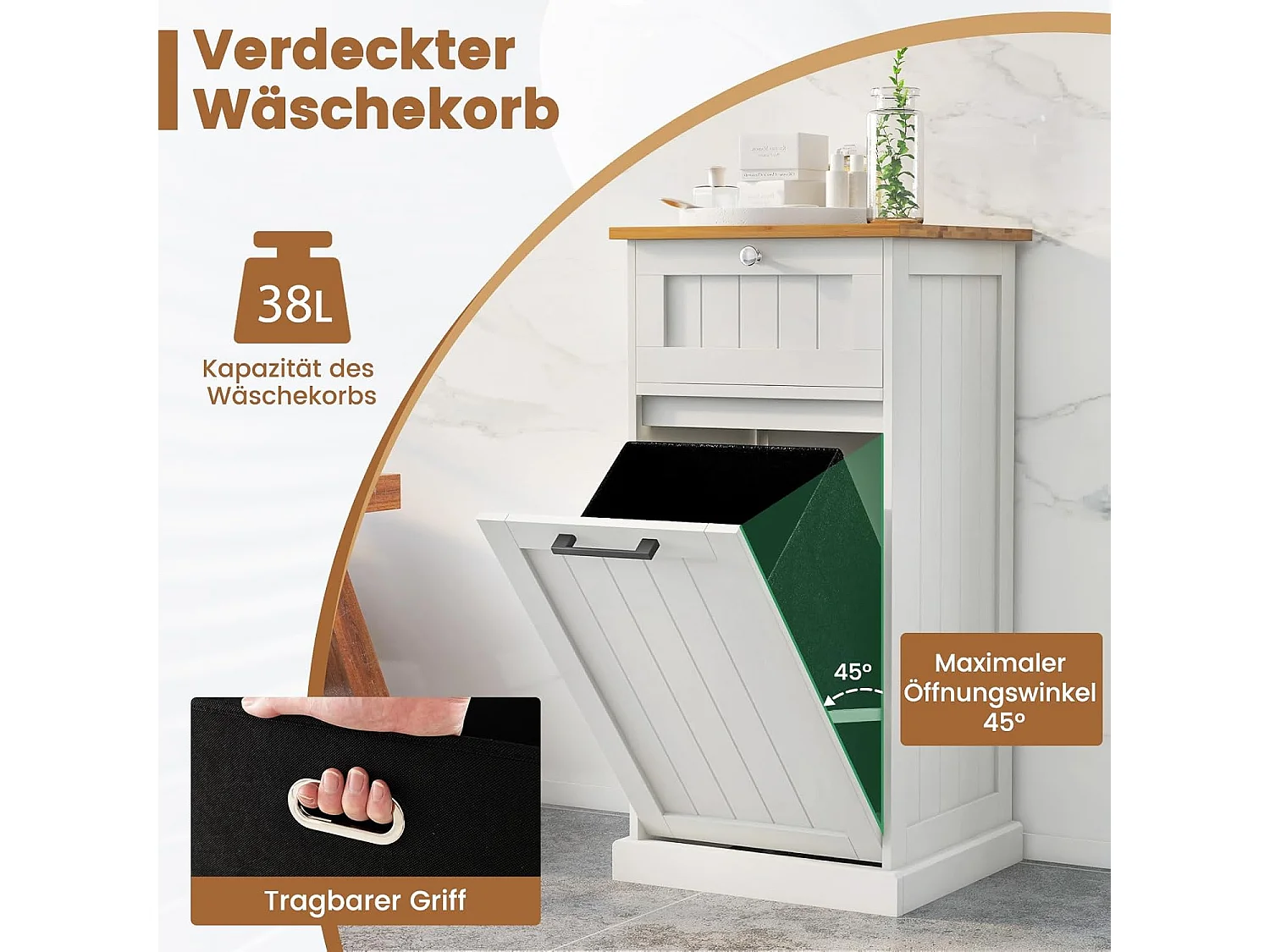 Waskast met wasmand, wasverzamelaar met lade, tafelblad van bamboe, badkamerkast, badkamerkast voor badkamer, waskeuken, 40 x 37 x 82 cm, witTH32647