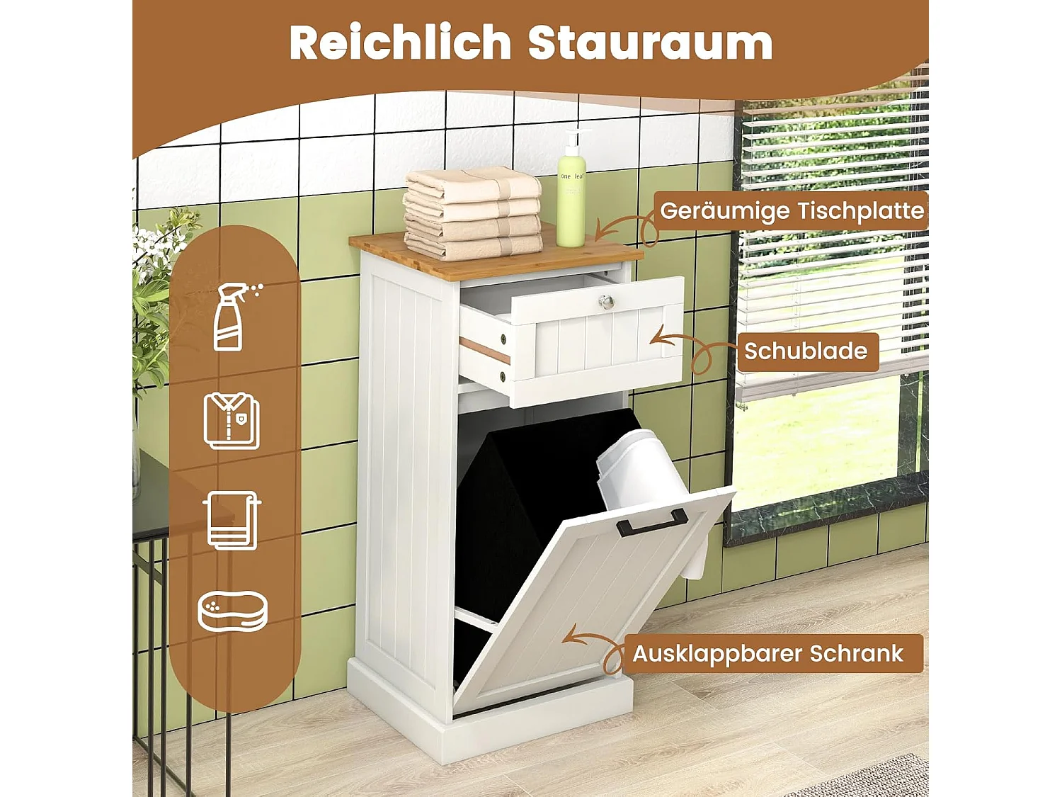 Waskast met wasmand, wasverzamelaar met lade, tafelblad van bamboe, badkamerkast, badkamerkast voor badkamer, waskeuken, 40 x 37 x 82 cm, witTH32647