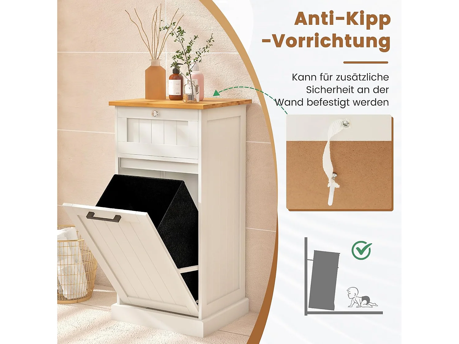 Waskast met wasmand, wasverzamelaar met lade, tafelblad van bamboe, badkamerkast, badkamerkast voor badkamer, waskeuken, 40 x 37 x 82 cm, witTH32647