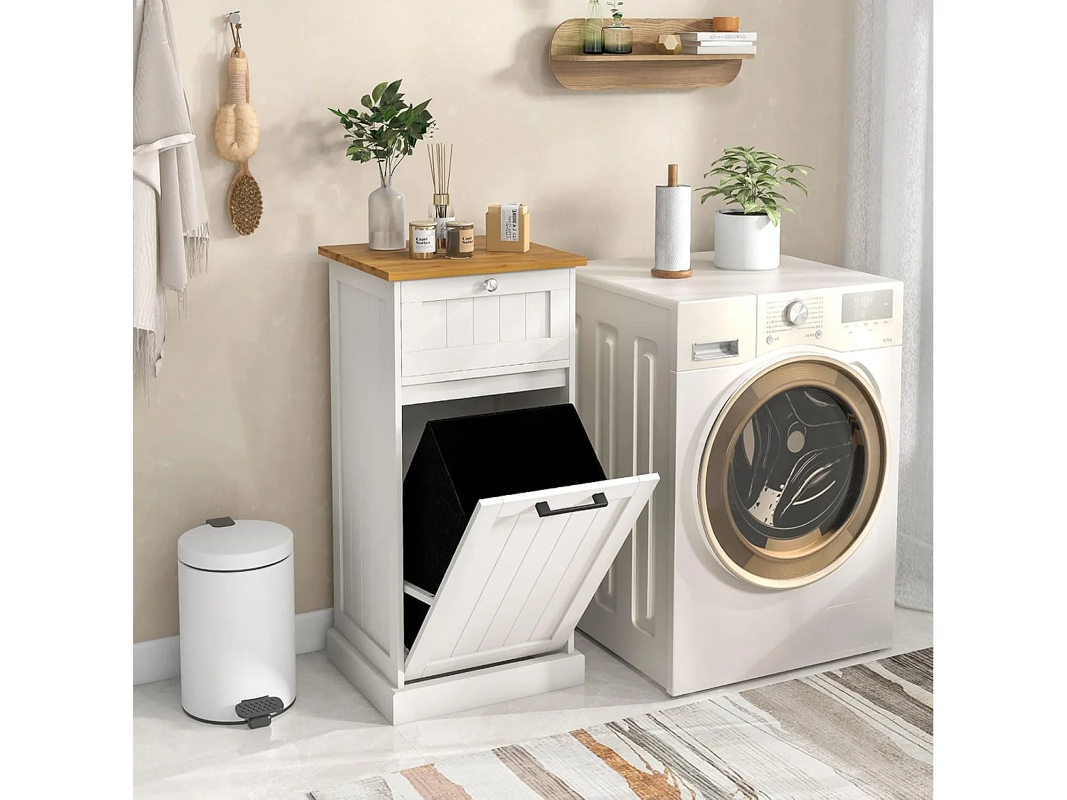 Waskast met wasmand, wasverzamelaar met lade, tafelblad van bamboe, badkamerkast, badkamerkast voor badkamer, waskeuken, 40 x 37 x 82 cm, witTH32647