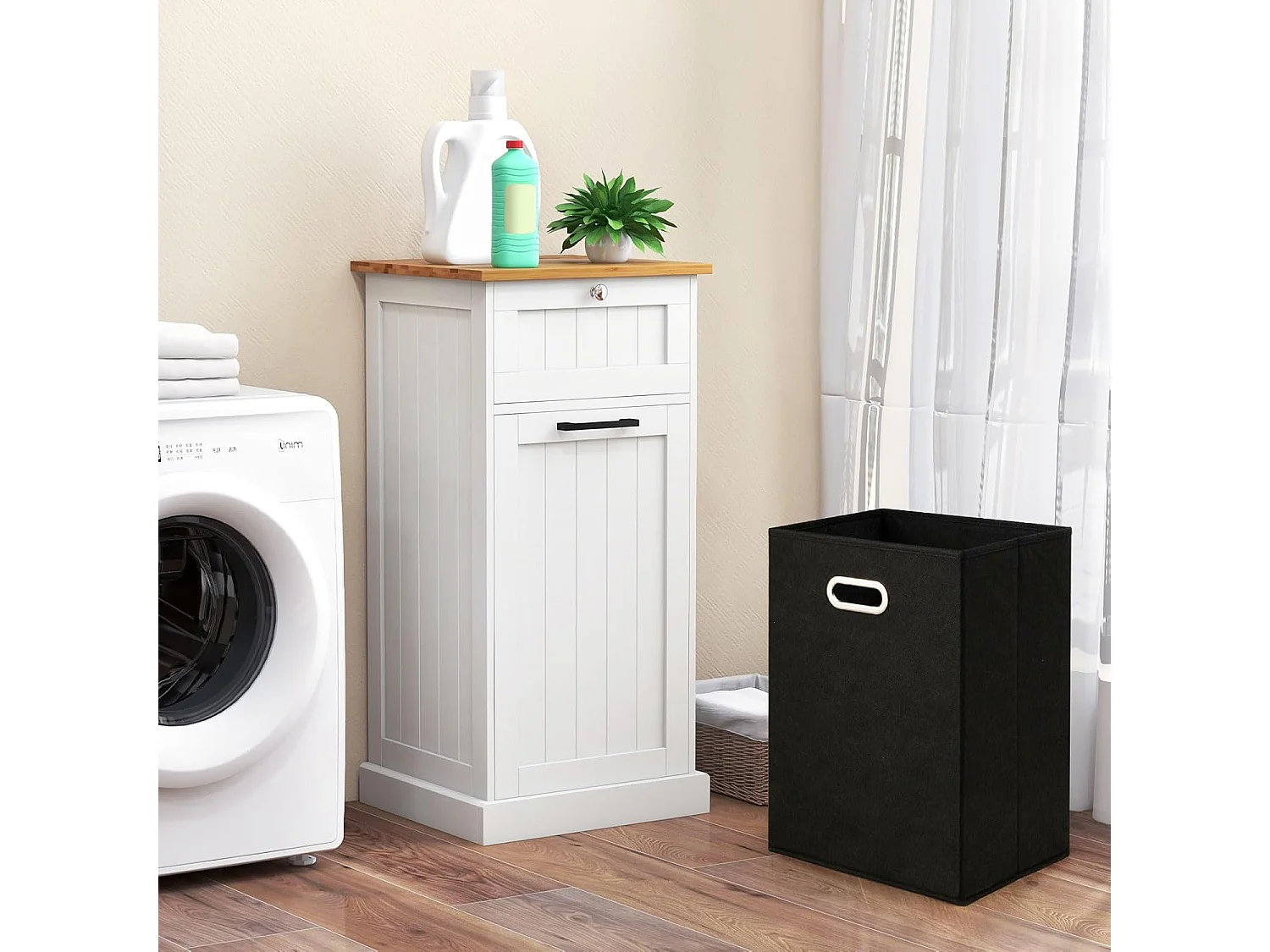 Waskast met wasmand, wasverzamelaar met lade, tafelblad van bamboe, badkamerkast, badkamerkast voor badkamer, waskeuken, 40 x 37 x 82 cm, witTH32647