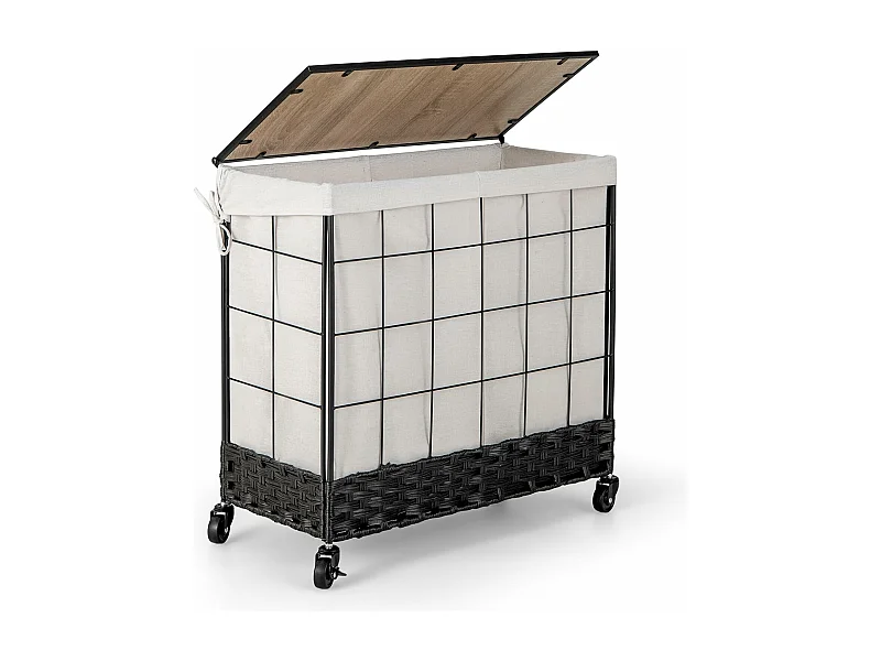 Wasmand met 2 vakken, 130 l, wasverzamelaar met deksel, wassorteerder met vergrendelbare wielen en binnenzak, wasbox voor bijkeuken badkamerVL32421