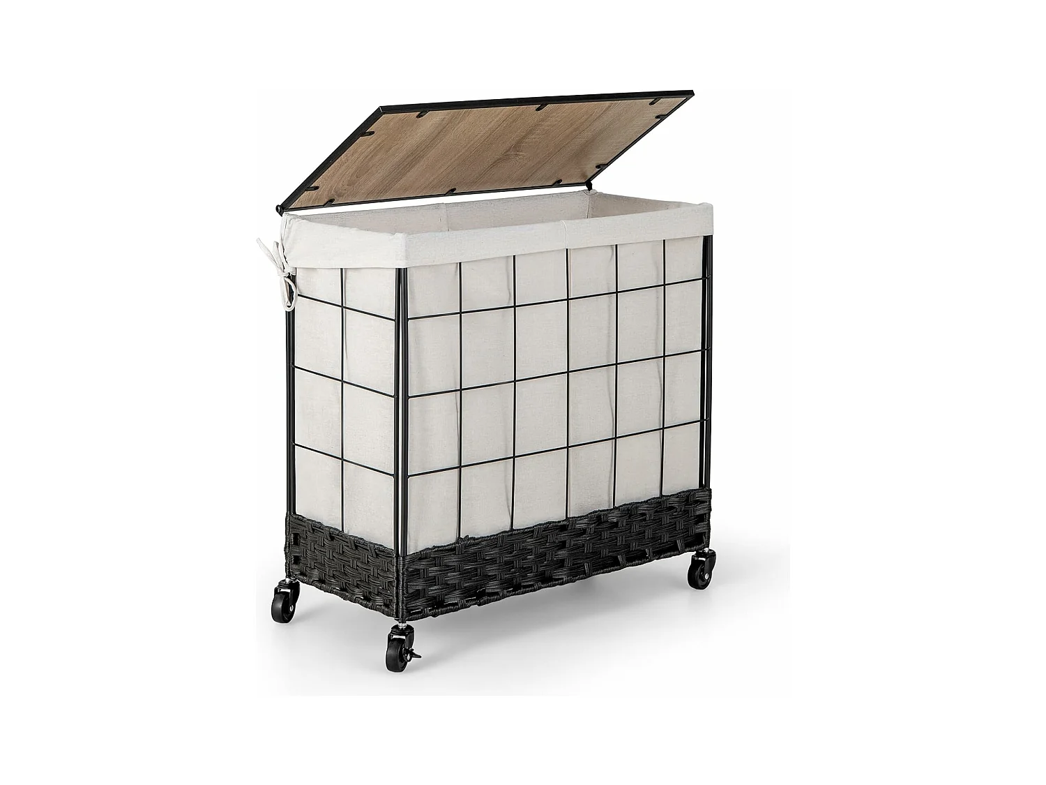 Wasmand met 2 vakken, 130 l, wasverzamelaar met deksel, wassorteerder met vergrendelbare wielen en binnenzak, wasbox voor bijkeuken badkamerVL32421