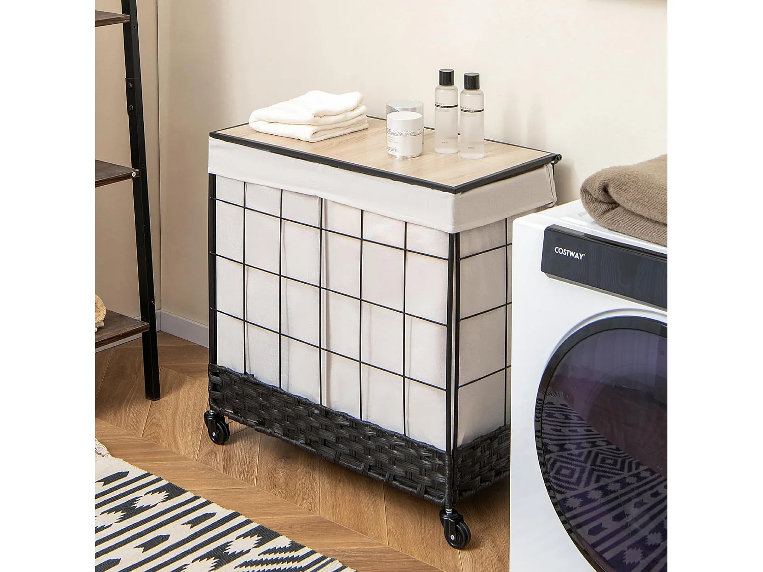 Wasmand met 2 vakken, 130 l, wasverzamelaar met deksel, wassorteerder met vergrendelbare wielen en binnenzak, wasbox voor bijkeuken badkamerVL32421