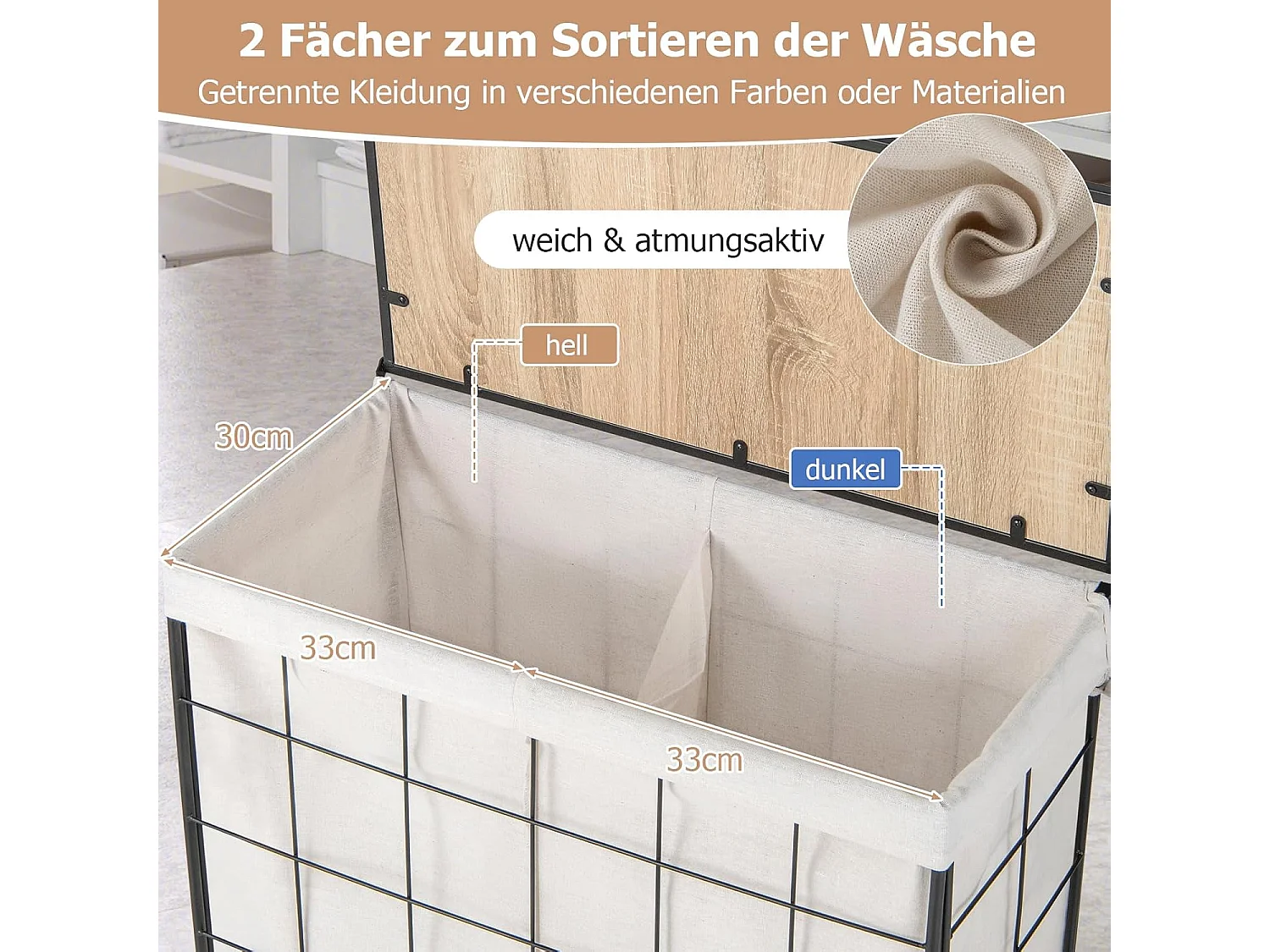 Wasmand met 2 vakken, 130 l, wasverzamelaar met deksel, wassorteerder met vergrendelbare wielen en binnenzak, wasbox voor bijkeuken badkamerVL32421