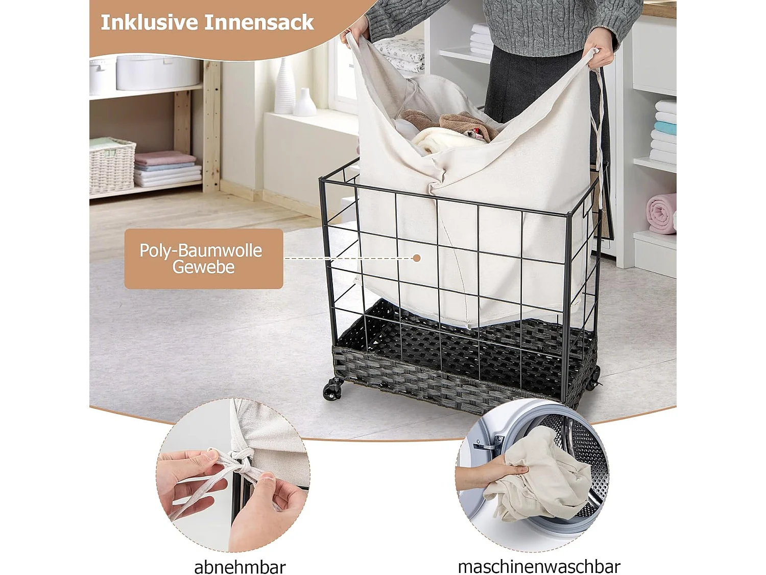 Wasmand met 2 vakken, 130 l, wasverzamelaar met deksel, wassorteerder met vergrendelbare wielen en binnenzak, wasbox voor bijkeuken badkamerVL32421