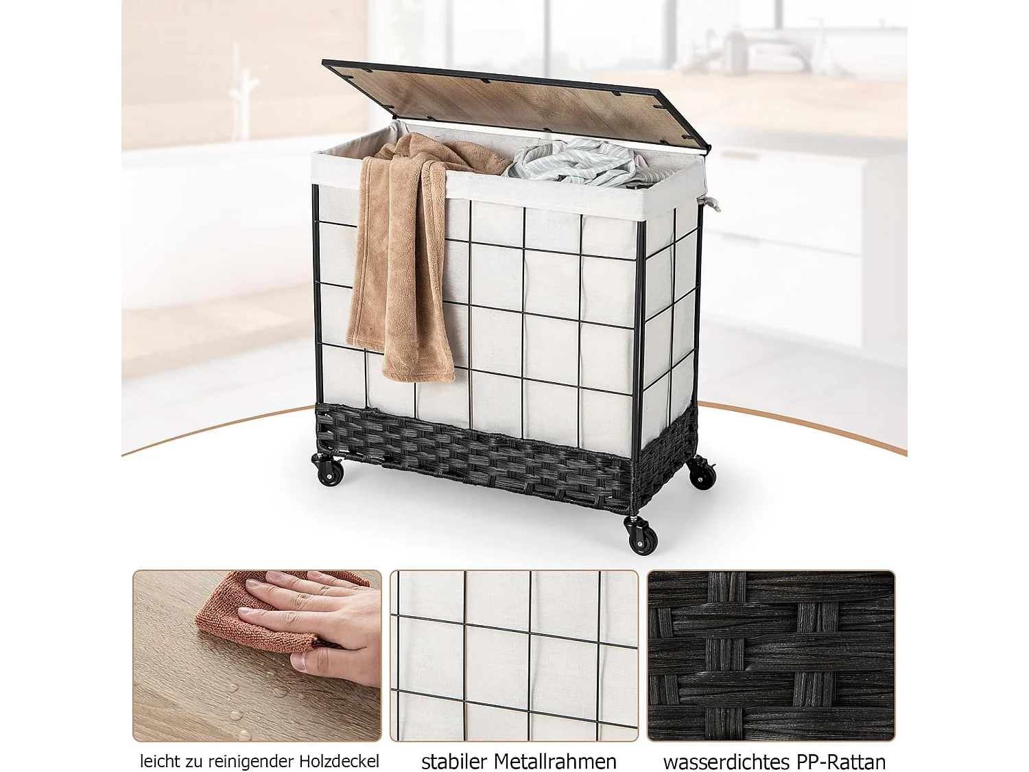 Wasmand met 2 vakken, 130 l, wasverzamelaar met deksel, wassorteerder met vergrendelbare wielen en binnenzak, wasbox voor bijkeuken badkamerVL32421