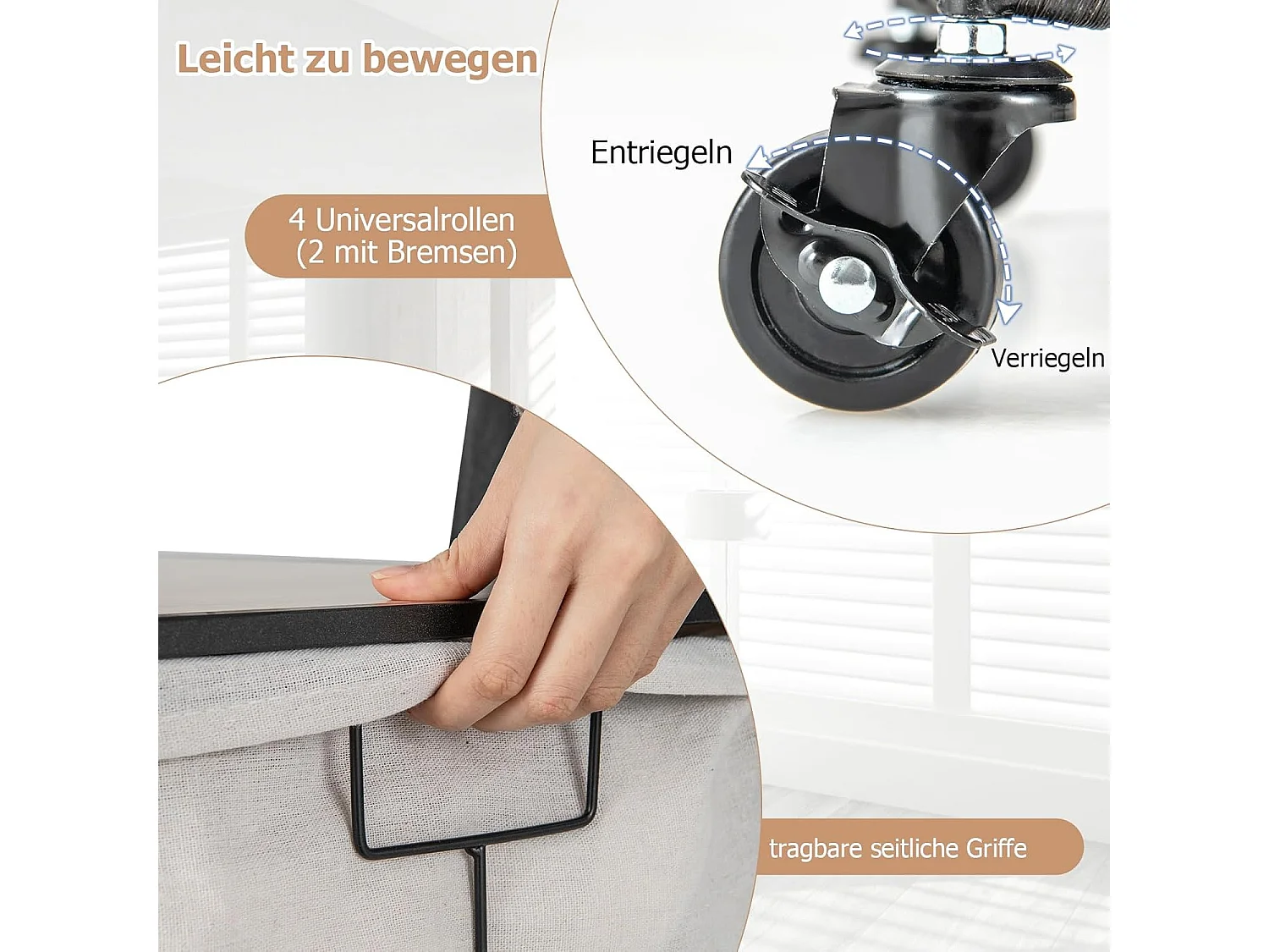 Wasmand met 2 vakken, 130 l, wasverzamelaar met deksel, wassorteerder met vergrendelbare wielen en binnenzak, wasbox voor bijkeuken badkamerVL32421