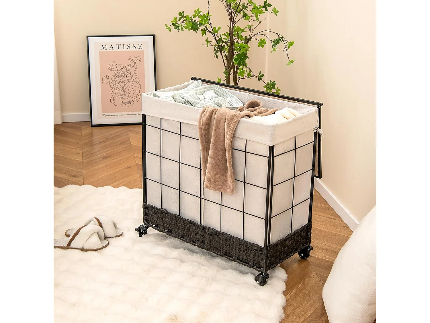 Wasmand met 2 vakken, 130 l, wasverzamelaar met deksel, wassorteerder met vergrendelbare wielen en binnenzak, wasbox voor bijkeuken badkamerVL32421