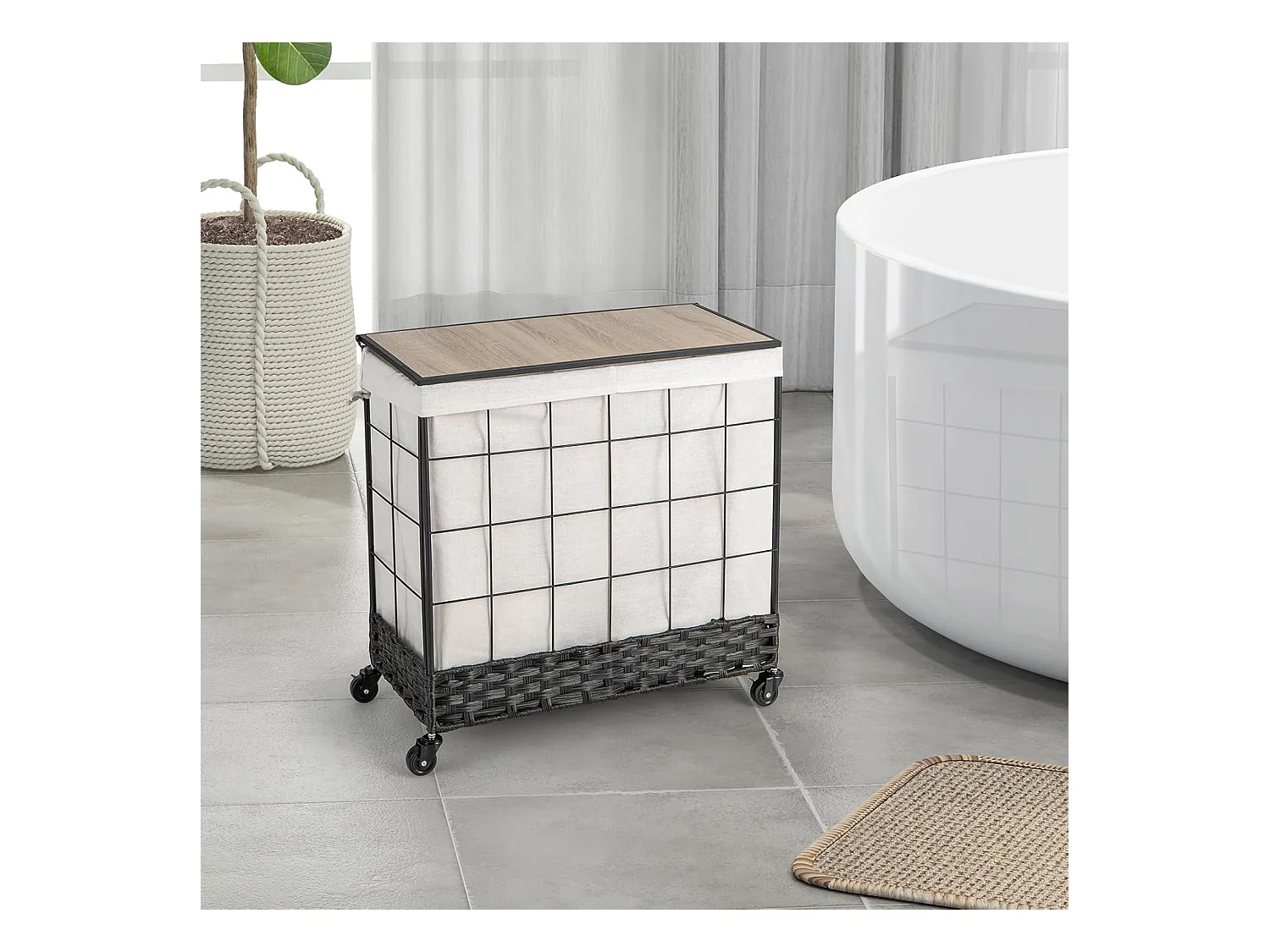 Wasmand met 2 vakken, 130 l, wasverzamelaar met deksel, wassorteerder met vergrendelbare wielen en binnenzak, wasbox voor bijkeuken badkamerVL32421