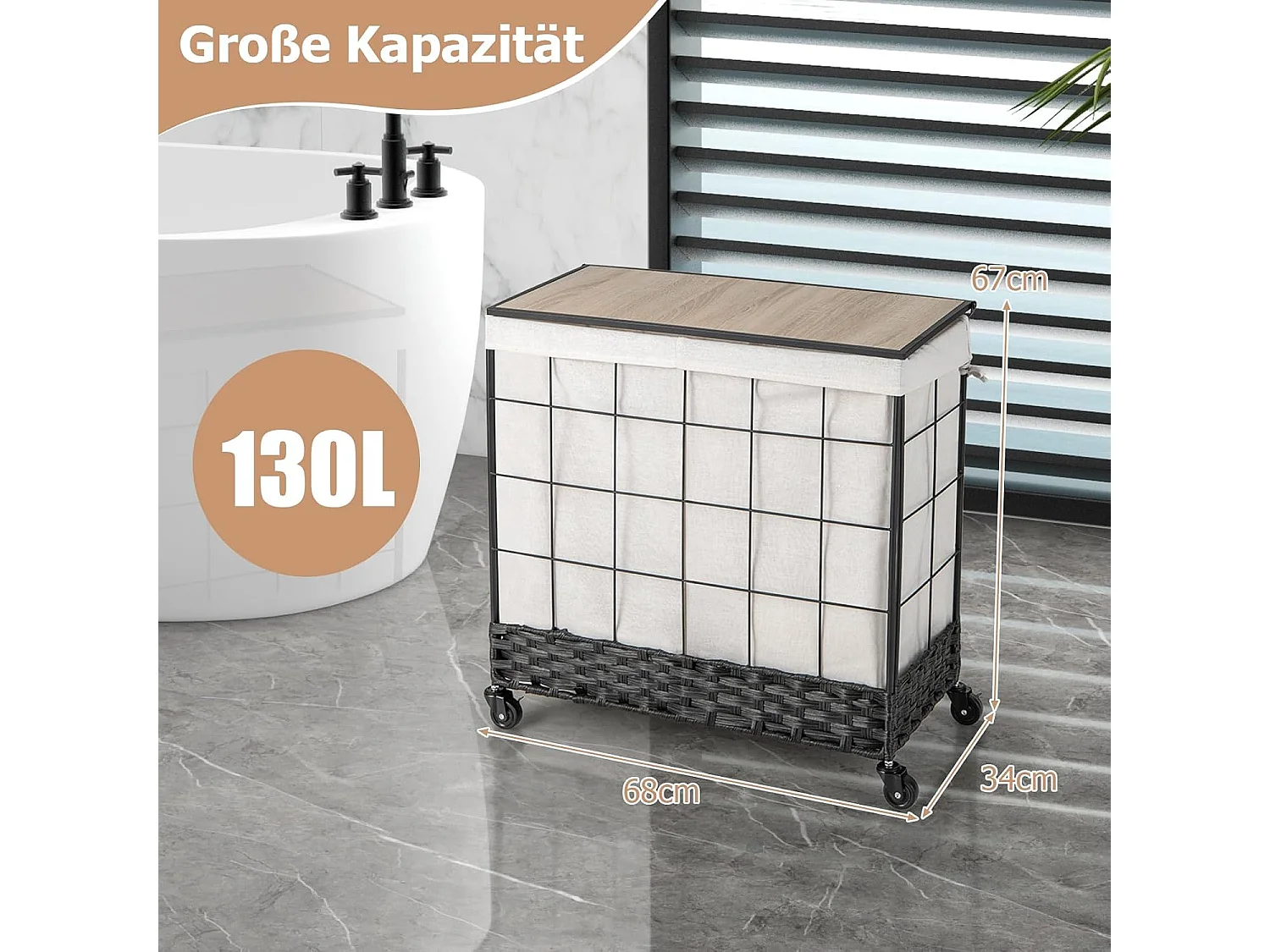 Wasmand met 2 vakken, 130 l, wasverzamelaar met deksel, wassorteerder met vergrendelbare wielen en binnenzak, wasbox voor bijkeuken badkamerVL32421