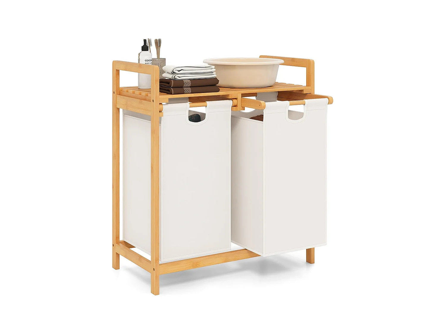 Wasmand 2 vakken, met 2 uittrekbare waszakken, wasverzamelaar met plank, wassorteerder bamboe voor badkamer, woonkamer en slaapkamer (wit)VH32363