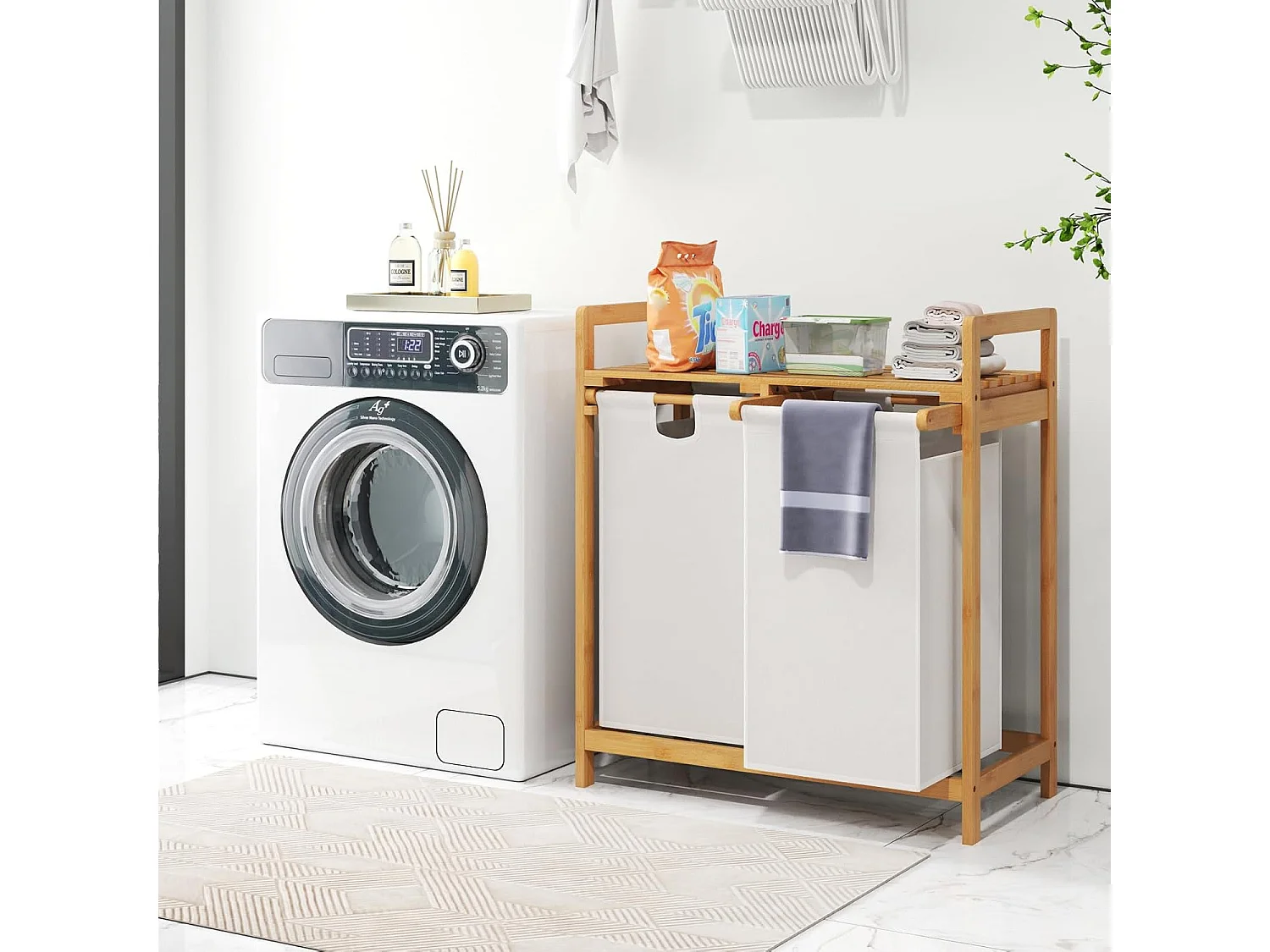 Wasmand 2 vakken, met 2 uittrekbare waszakken, wasverzamelaar met plank, wassorteerder bamboe voor badkamer, woonkamer en slaapkamer (wit)VH32363