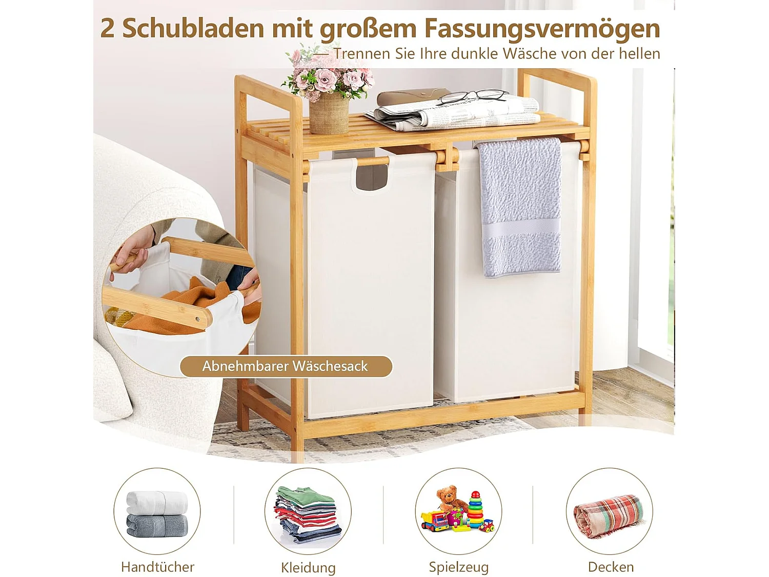 Wasmand 2 vakken, met 2 uittrekbare waszakken, wasverzamelaar met plank, wassorteerder bamboe voor badkamer, woonkamer en slaapkamer (wit)VH32363