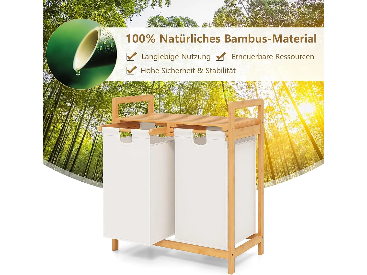 Wasmand 2 vakken, met 2 uittrekbare waszakken, wasverzamelaar met plank, wassorteerder bamboe voor badkamer, woonkamer en slaapkamer (wit)VH32363