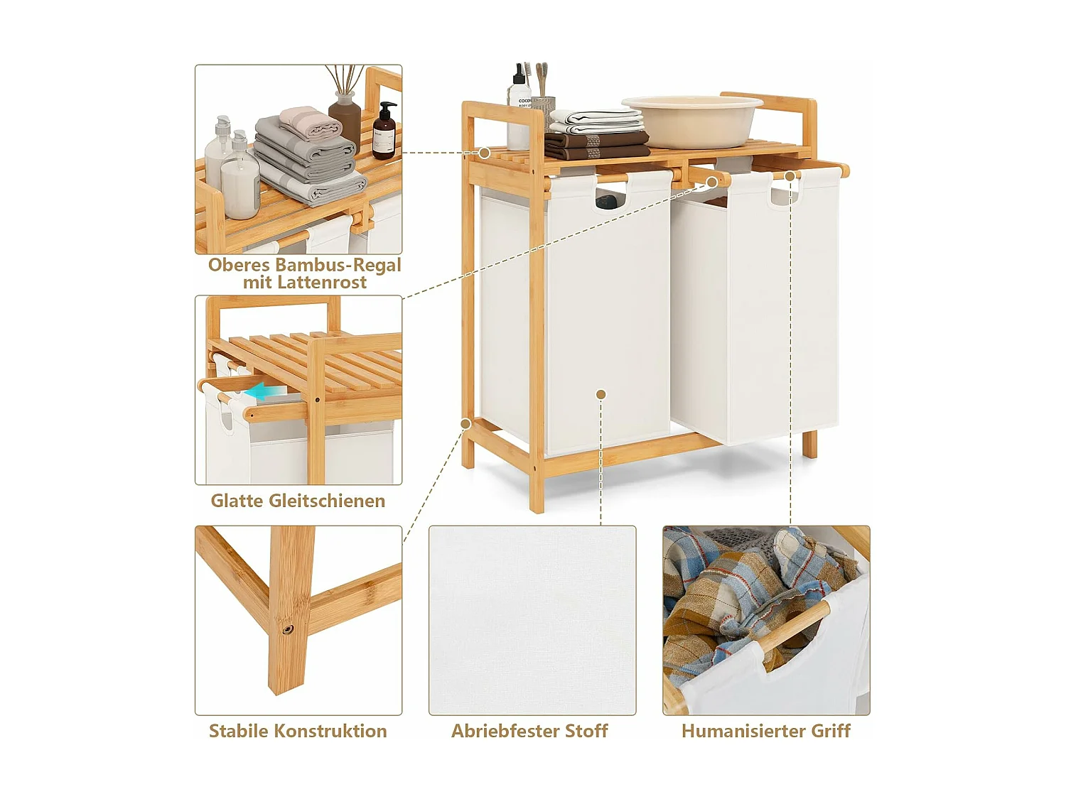 Wasmand 2 vakken, met 2 uittrekbare waszakken, wasverzamelaar met plank, wassorteerder bamboe voor badkamer, woonkamer en slaapkamer (wit)VH32363