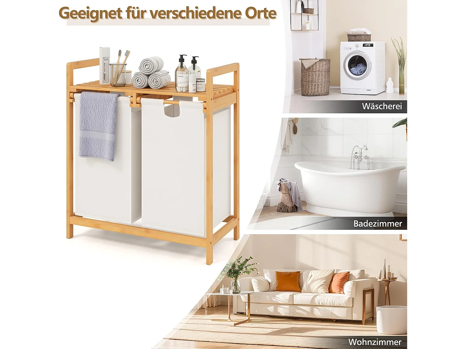 Wasmand 2 vakken, met 2 uittrekbare waszakken, wasverzamelaar met plank, wassorteerder bamboe voor badkamer, woonkamer en slaapkamer (wit)VH32363
