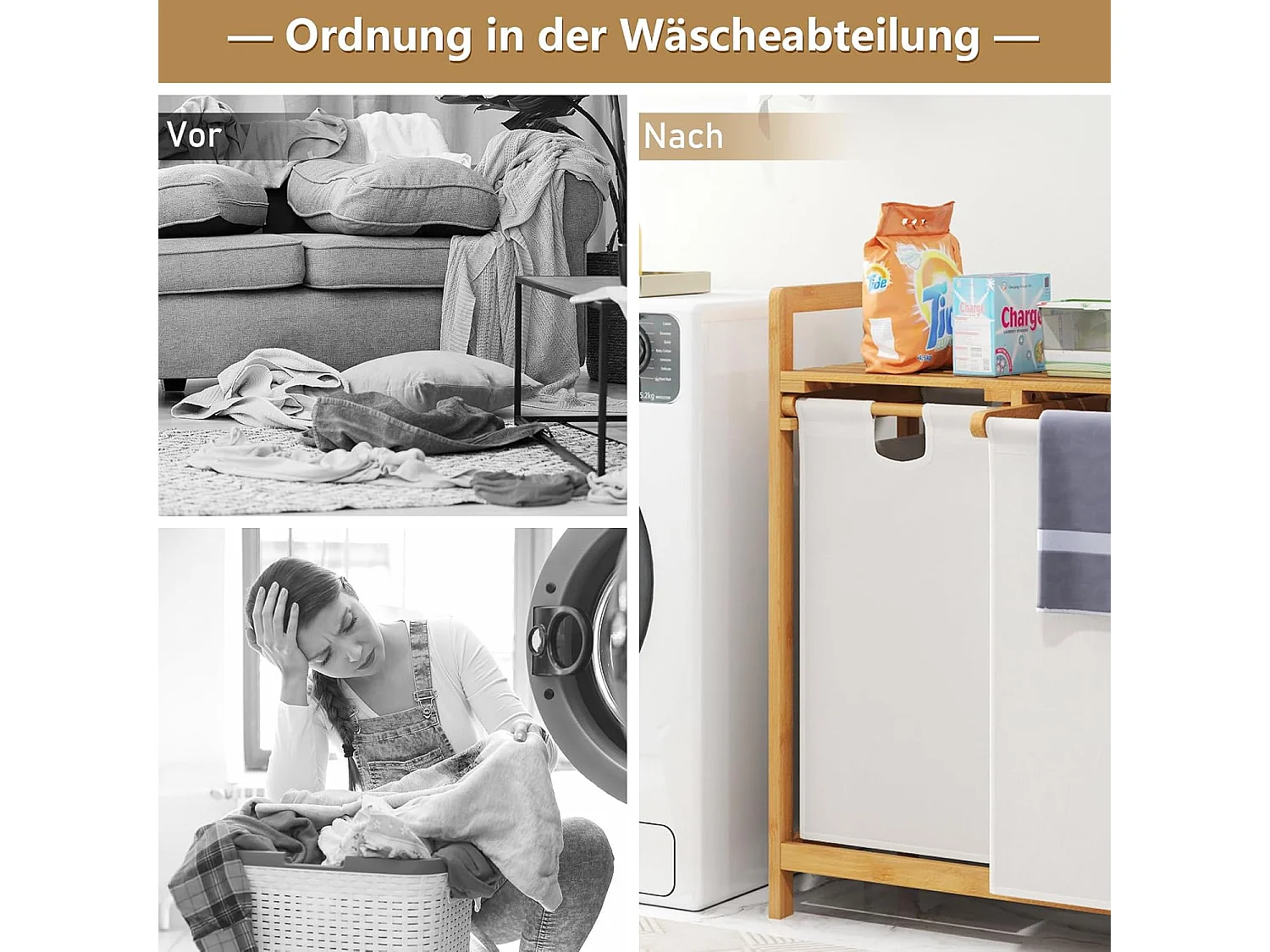 Wasmand 2 vakken, met 2 uittrekbare waszakken, wasverzamelaar met plank, wassorteerder bamboe voor badkamer, woonkamer en slaapkamer (wit)VH32363