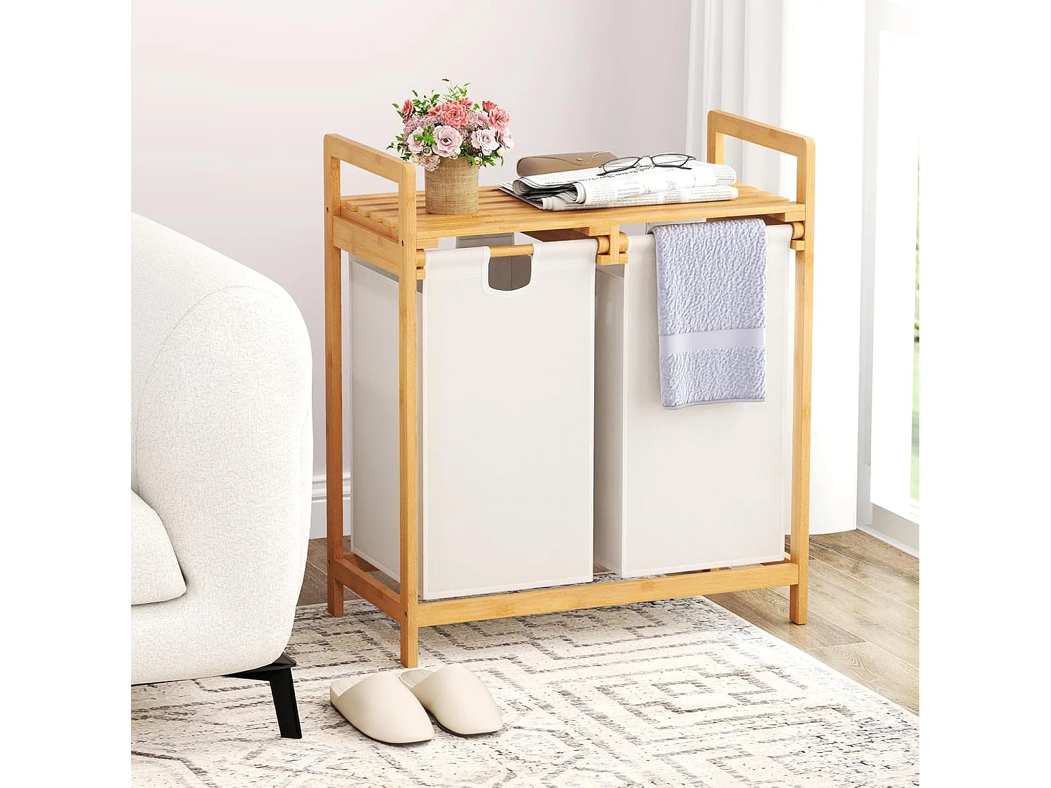 Wasmand 2 vakken, met 2 uittrekbare waszakken, wasverzamelaar met plank, wassorteerder bamboe voor badkamer, woonkamer en slaapkamer (wit)VH32363