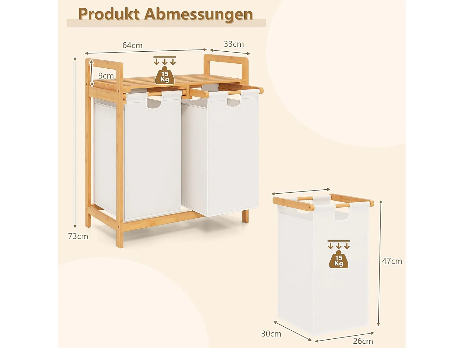 Wasmand 2 vakken, met 2 uittrekbare waszakken, wasverzamelaar met plank, wassorteerder bamboe voor badkamer, woonkamer en slaapkamer (wit)VH32363