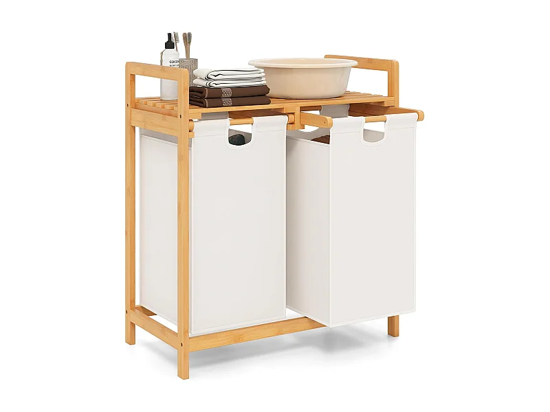 Wasmand 2 vakken, met 2 uittrekbare waszakken, wasverzamelaar met plank, wassorteerder bamboe voor badkamer, woonkamer en slaapkamer (wit)VH32363