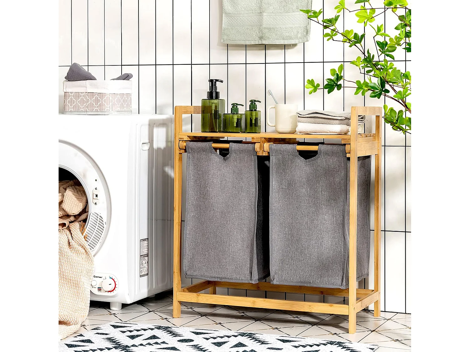 Wasmand 2 vakken, met 2 uittrekbare waszakken, wasverzamelaar met plank, wassorteerder bamboe voor badkamer, woonkamer en slaapkamerVH32363