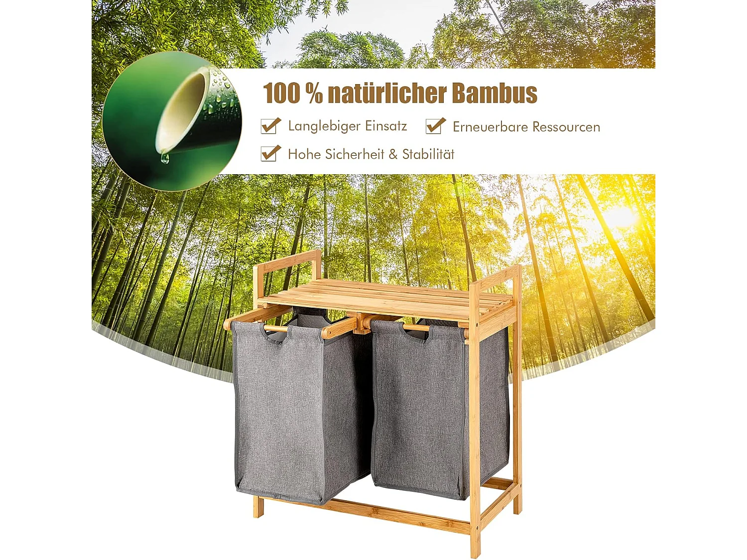 Wasmand 2 vakken, met 2 uittrekbare waszakken, wasverzamelaar met plank, wassorteerder bamboe voor badkamer, woonkamer en slaapkamerVH32363