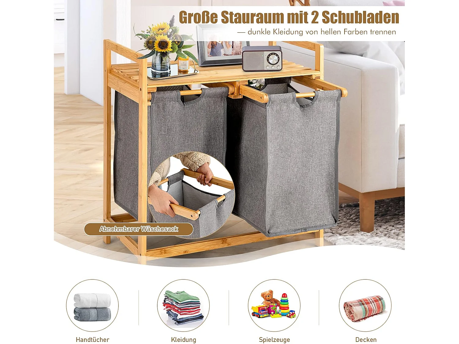 Wasmand 2 vakken, met 2 uittrekbare waszakken, wasverzamelaar met plank, wassorteerder bamboe voor badkamer, woonkamer en slaapkamerVH32363