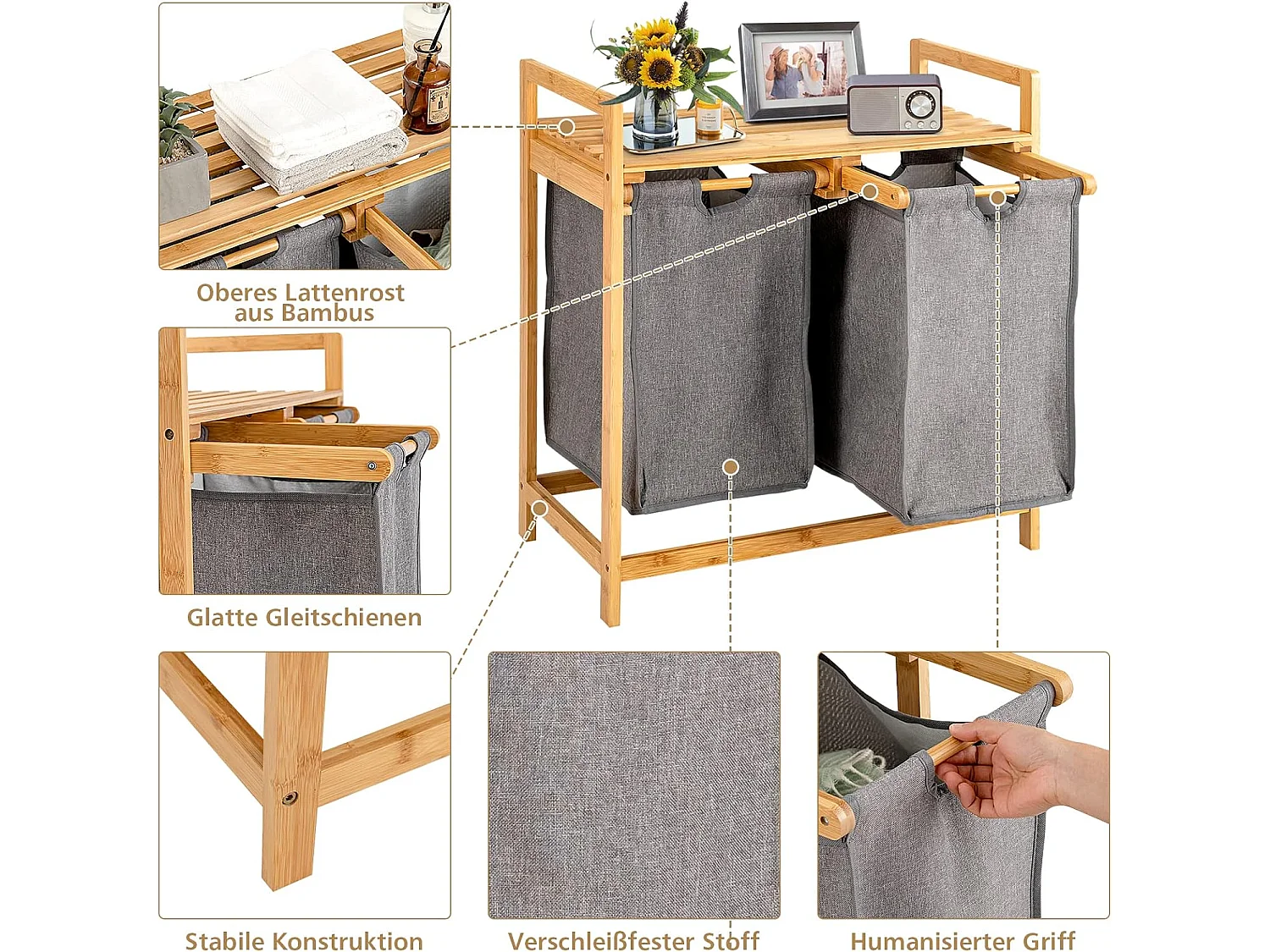 Wasmand 2 vakken, met 2 uittrekbare waszakken, wasverzamelaar met plank, wassorteerder bamboe voor badkamer, woonkamer en slaapkamerVH32363