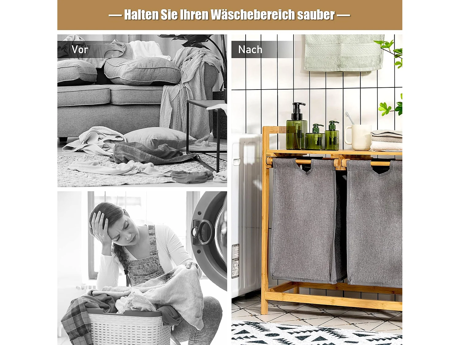 Wasmand 2 vakken, met 2 uittrekbare waszakken, wasverzamelaar met plank, wassorteerder bamboe voor badkamer, woonkamer en slaapkamerVH32363